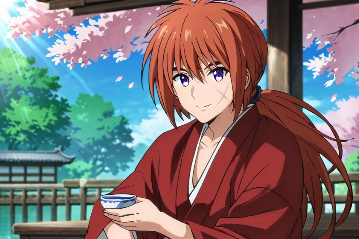 score_9,score_8_up,score_7_up,source_anime,1boy, solo,looking at viewer, Himura Kenshin,red hair, purple eyes, scar on face,ponytail,long hair, outdoors, japanese clothes, sitting,Under the cherry blossom tree, Cherry blossoms, japanese cup, tea cup, food, japanese food, smile, light rays, Kneel down, looking up, close-up<lora:EMS-397200-EMS:0.800000>
