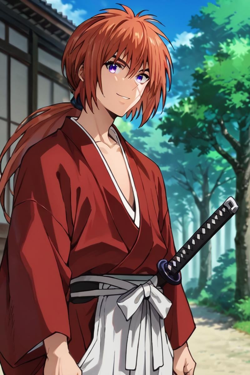 score_9,score_8_up,score_7_up,1boy, solo,looking at viewer,Himura Kenshin,red hair, purple eyes, scar on face,ponytail,long hair, smile, outdoors, japanese clothes, hakama,red kimono,weapon,sword,upper body<lora:EMS-397200-EMS:0.800000>