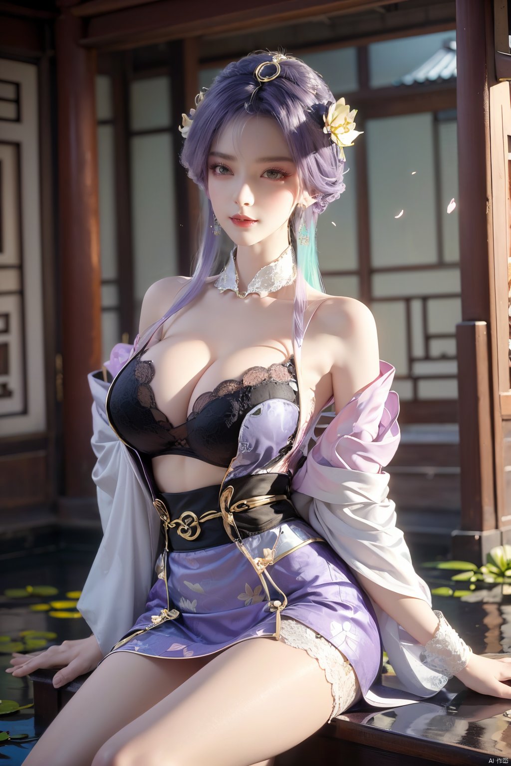  (1girl:1.1), (Lace purple skirt:1.39), on Stomach,aqua_earrings,Lights, lanterns, chang,(big breasts:1.63),hanfu, Best quality, Realistic, photorealistic, masterpiece, extremely detailed CG unity 8k wallpaper, best illumination, best shadow, huge filesize ,(huge breasts:1.69) incredibly absurdres, absurdres, looking at viewer, transparent, smog, gauze, vase, petals, room, ancient Chinese style, detailed background, wide shot background,
(((purple hair))),(Sitting on the lotus pond porch:1.49) ,(A pond full of pink lotus flowers:1.5),close up of 1girl,Hairpins,hair ornament,hair wings,slim,narrow waist,perfect eyes,beautiful perfect face,pleasant smile,perfect female figure,detailed skin,charming,alluring,seductive,erotic,enchanting,delicate pattern,detailed complex and rich exquisite clothing detail,delicate intricate fabrics,
Morning Serenade In the gentle morning glow, (a woman in a pink lotus-patterned Hanfu stands in an indoor courtyard:1.36),(Chinese traditional dragon and phoenix embroidered Hanfu:1.3), admiring the tranquil garden scenery. The lotus-patterned Hanfu, embellished with silver-thread embroidery, is softly illuminated by the morning light. The light mint green Hanfu imparts a sense of calm and freshness, adorned with delicate lotus patterns, with a blurred background to enhance the peaceful atmosphere,X-Yunxiao, Yunxiao_Fairy,Xtianqiong