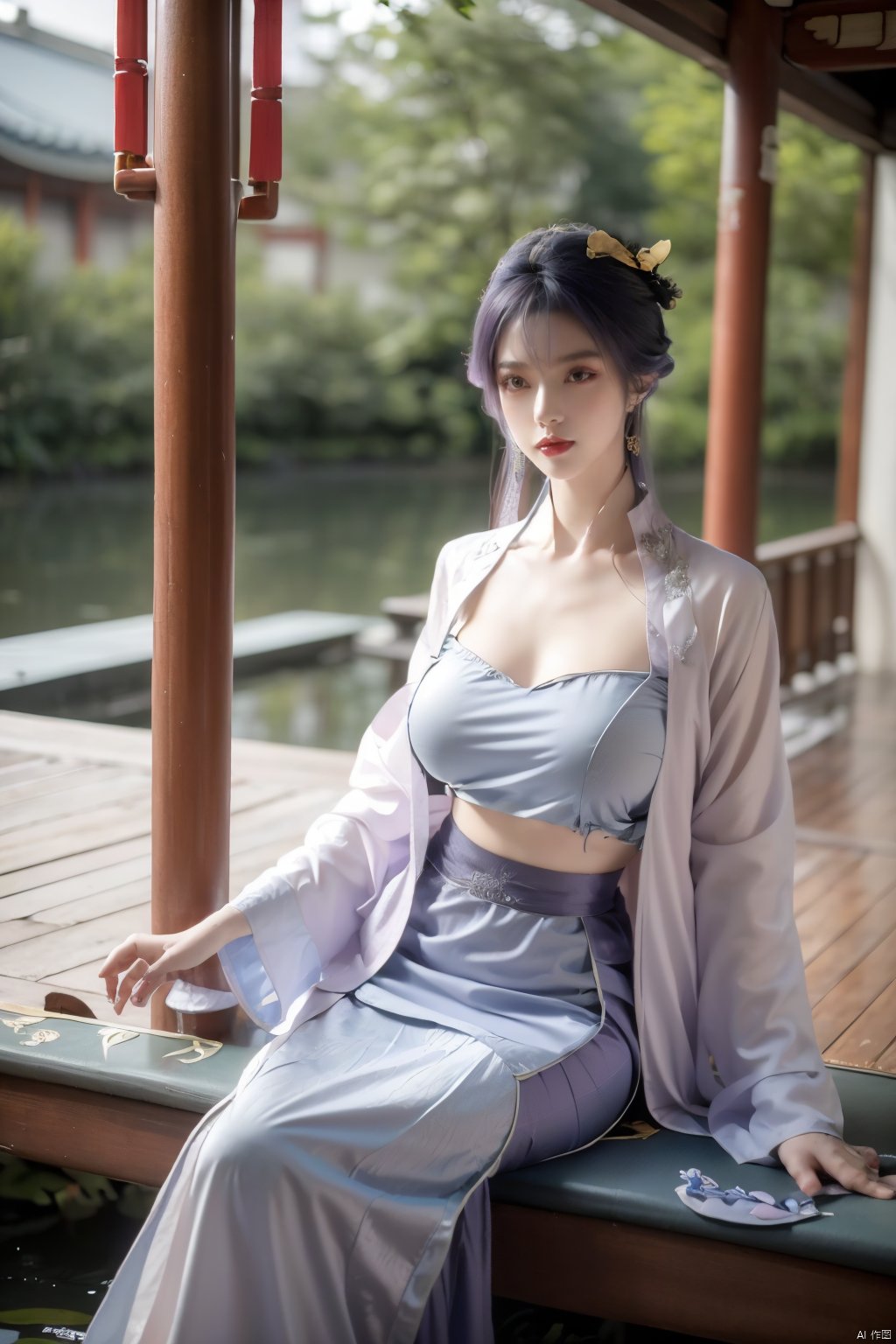  (1girl:1.1), (Lace purple skirt:1.39), on Stomach,aqua_earrings,Lights, lanterns, chang,(big breasts:1.63),hanfu, Best quality, Realistic, photorealistic, masterpiece, extremely detailed CG unity 8k wallpaper, best illumination, best shadow, huge filesize ,(huge breasts:1.69) incredibly absurdres, absurdres, looking at viewer, transparent, smog, gauze, vase, petals, room, ancient Chinese style, detailed background, wide shot background,
(((purple hair))),(Sitting on the lotus pond porch:1.49) ,(A pond full of pink lotus flowers:1.5),close up of 1girl,Hairpins,hair ornament,hair wings,slim,narrow waist,perfect eyes,beautiful perfect face,pleasant smile,perfect female figure,detailed skin,charming,alluring,seductive,erotic,enchanting,delicate pattern,detailed complex and rich exquisite clothing detail,delicate intricate fabrics,
Morning Serenade In the gentle morning glow, (a woman in a pink lotus-patterned Hanfu stands in an indoor courtyard:1.36),(Chinese traditional dragon and phoenix embroidered Hanfu:1.3), admiring the tranquil garden scenery. The lotus-patterned Hanfu, embellished with silver-thread embroidery, is softly illuminated by the morning light. The light mint green Hanfu imparts a sense of calm and freshness, adorned with delicate lotus patterns, with a blurred background to enhance the peaceful atmosphere,X-Yunxiao, Yunxiao_Fairy,Xtianqiong