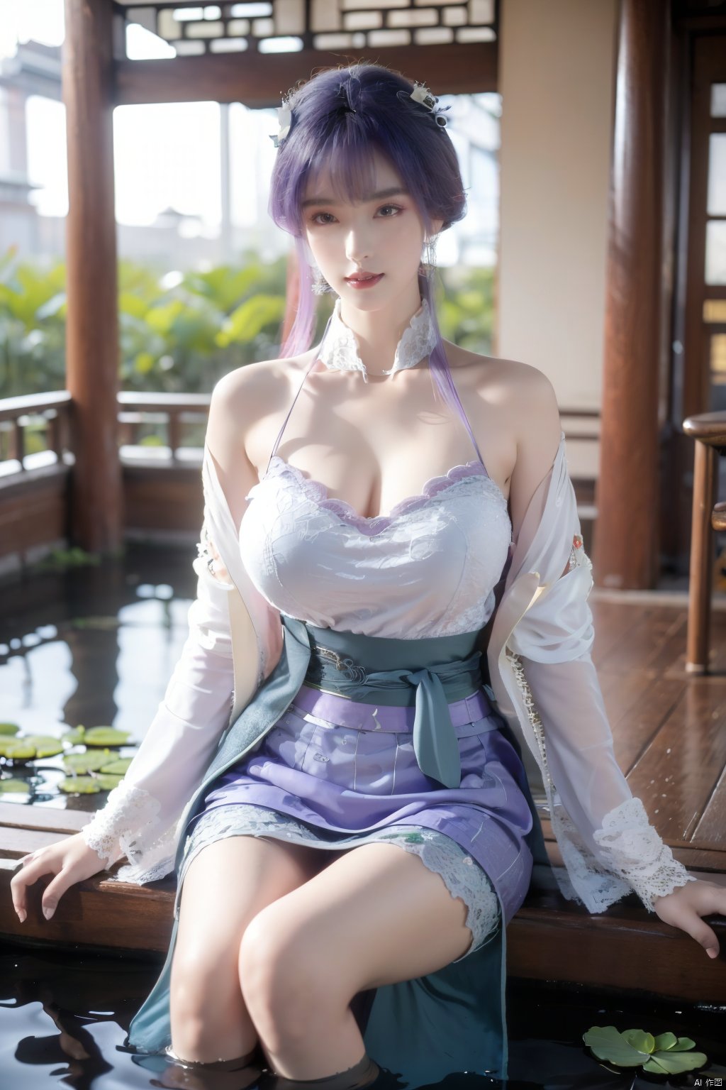  (1girl:1.1), (Lace purple skirt:1.39), on Stomach,aqua_earrings,Lights, lanterns, chang,(big breasts:1.63),hanfu, Best quality, Realistic, photorealistic, masterpiece, extremely detailed CG unity 8k wallpaper, best illumination, best shadow, huge filesize ,(huge breasts:1.69) incredibly absurdres, absurdres, looking at viewer, transparent, smog, gauze, vase, petals, room, ancient Chinese style, detailed background, wide shot background,
(((purple hair))),(Sitting on the lotus pond porch:1.49) ,(A pond full of pink lotus flowers:1.5),close up of 1girl,Hairpins,hair ornament,hair wings,slim,narrow waist,perfect eyes,beautiful perfect face,pleasant smile,perfect female figure,detailed skin,charming,alluring,seductive,erotic,enchanting,delicate pattern,detailed complex and rich exquisite clothing detail,delicate intricate fabrics,
Morning Serenade In the gentle morning glow, (a woman in a pink lotus-patterned Hanfu stands in an indoor courtyard:1.36),(Chinese traditional dragon and phoenix embroidered Hanfu:1.3), admiring the tranquil garden scenery. The lotus-patterned Hanfu, embellished with silver-thread embroidery, is softly illuminated by the morning light. The light mint green Hanfu imparts a sense of calm and freshness, adorned with delicate lotus patterns, with a blurred background to enhance the peaceful atmosphere,X-Yunxiao, Yunxiao_Fairy,Xtianqiong,1girl