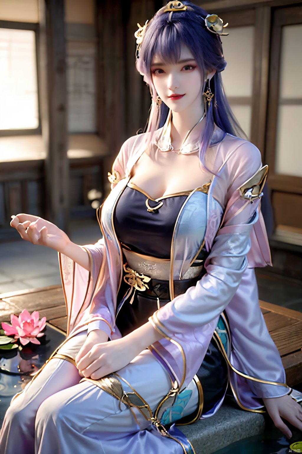  (1girl:1.1), (Lace purple skirt:1.39), on Stomach,aqua_earrings,Lights, lanterns, chang,(big breasts:1.63),hanfu, Best quality, Realistic, photorealistic, masterpiece, extremely detailed CG unity 8k wallpaper, best illumination, best shadow, huge filesize ,(huge breasts:1.69) incredibly absurdres, absurdres, looking at viewer, transparent, smog, gauze, vase, petals, room, ancient Chinese style, detailed background, wide shot background,
(((purple hair))),(Sitting on the lotus pond porch:1.49) ,(A pond full of pink lotus flowers:1.5),close up of 1girl,Hairpins,hair ornament,hair wings,slim,narrow waist,perfect eyes,beautiful perfect face,pleasant smile,perfect female figure,detailed skin,charming,alluring,seductive,erotic,enchanting,delicate pattern,detailed complex and rich exquisite clothing detail,delicate intricate fabrics,
Morning Serenade In the gentle morning glow, (a woman in a pink lotus-patterned Hanfu stands in an indoor courtyard:1.36),(Chinese traditional dragon and phoenix embroidered Hanfu:1.3), admiring the tranquil garden scenery. The lotus-patterned Hanfu, embellished with silver-thread embroidery, is softly illuminated by the morning light. The light mint green Hanfu imparts a sense of calm and freshness, adorned with delicate lotus patterns, with a blurred background to enhance the peaceful atmosphere,X-Yunxiao, Yunxiao_Fairy,Xtianqiong