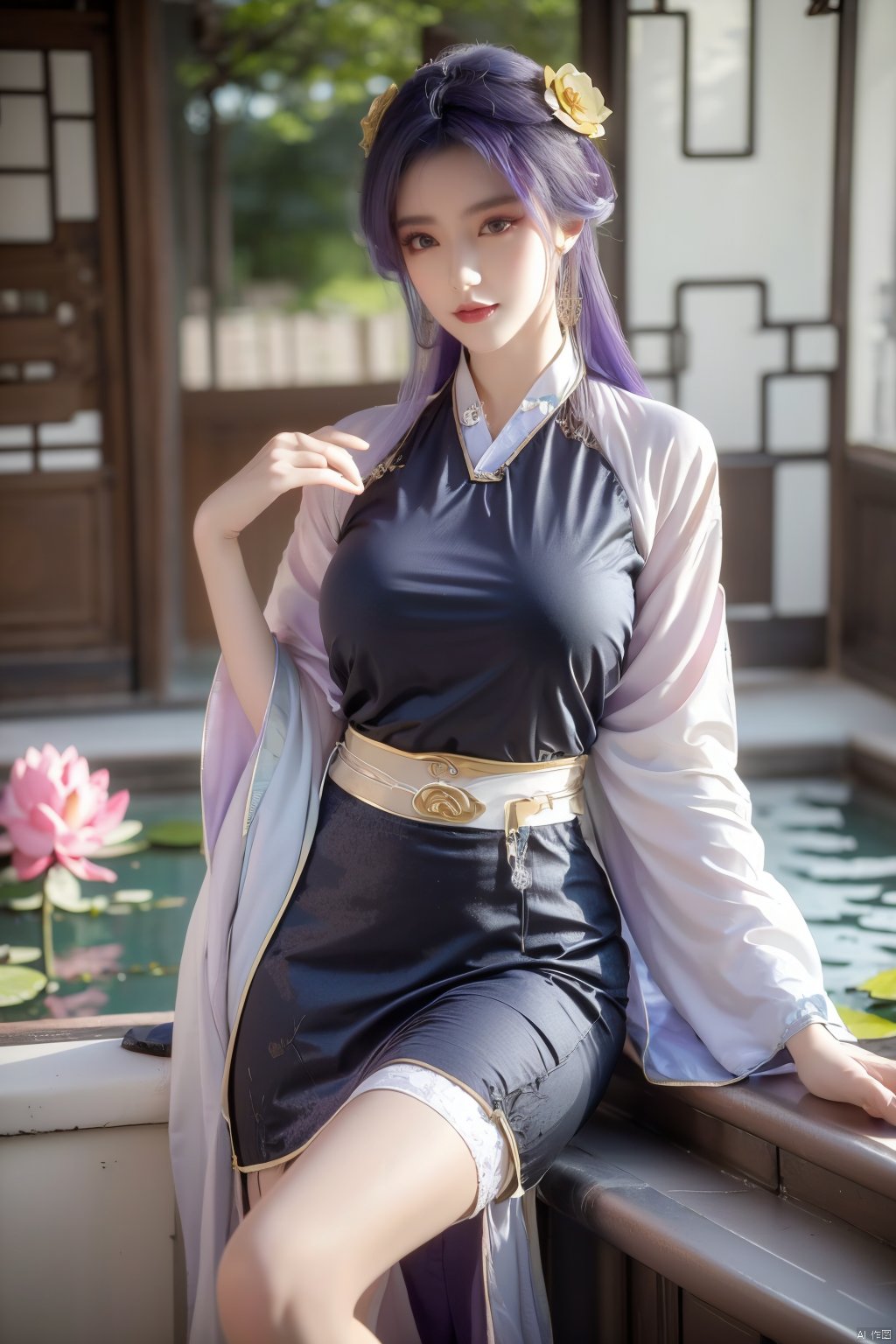  (1girl:1.1), (Lace purple skirt:1.39), on Stomach,aqua_earrings,Lights, lanterns, chang,(big breasts:1.63),hanfu, Best quality, Realistic, photorealistic, masterpiece, extremely detailed CG unity 8k wallpaper, best illumination, best shadow, huge filesize ,(huge breasts:1.69) incredibly absurdres, absurdres, looking at viewer, transparent, smog, gauze, vase, petals, room, ancient Chinese style, detailed background, wide shot background,
(((purple hair))),(Sitting on the lotus pond porch:1.49) ,(A pond full of pink lotus flowers:1.5),close up of 1girl,Hairpins,hair ornament,hair wings,slim,narrow waist,perfect eyes,beautiful perfect face,pleasant smile,perfect female figure,detailed skin,charming,alluring,seductive,erotic,enchanting,delicate pattern,detailed complex and rich exquisite clothing detail,delicate intricate fabrics,
Morning Serenade In the gentle morning glow, (a woman in a pink lotus-patterned Hanfu stands in an indoor courtyard:1.36),(Chinese traditional dragon and phoenix embroidered Hanfu:1.3), admiring the tranquil garden scenery. The lotus-patterned Hanfu, embellished with silver-thread embroidery, is softly illuminated by the morning light. The light mint green Hanfu imparts a sense of calm and freshness, adorned with delicate lotus patterns, with a blurred background to enhance the peaceful atmosphere,X-Yunxiao, Yunxiao_Fairy,Xtianqiong