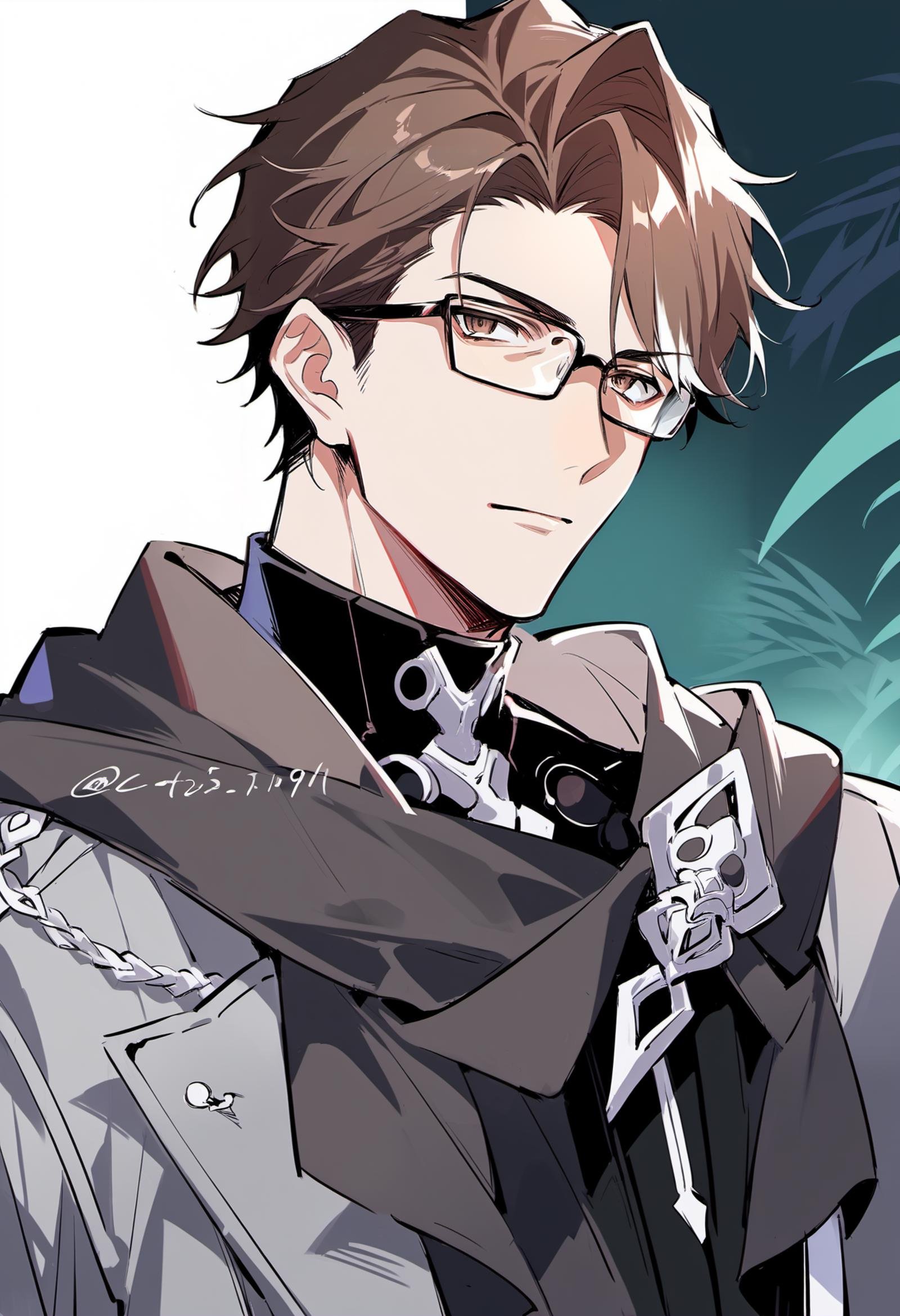 score_9, score_8_up, score_7_up, score_6_up, score_5_up, score_4_up, source_animeBREAK <lora:welt_yang-10:1>, welt_yang, brown hair, bangs, 1boy, brown eyes, multicolored hair, glasses, streaked hair, upper body, outfit