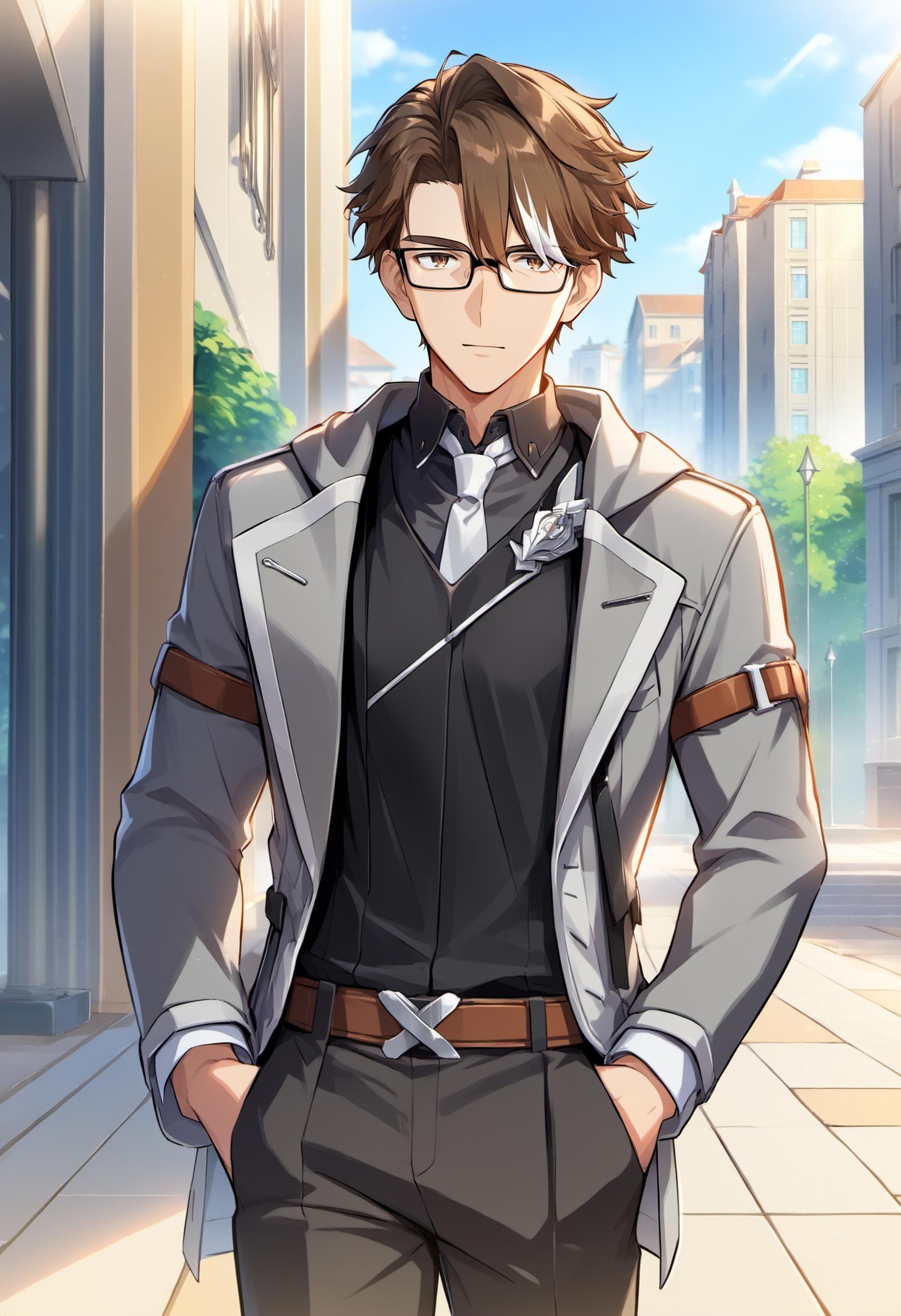 best quality, amazing quality, best aesthetic, absurdres, explicit, source_anime, <lora:welt_yang-10:0.9>, welt_yang, brown hair, bangs, 1boy, brown eyes, multicolored hair, glasses, streaked hair, outfit, cowboy shot, outside