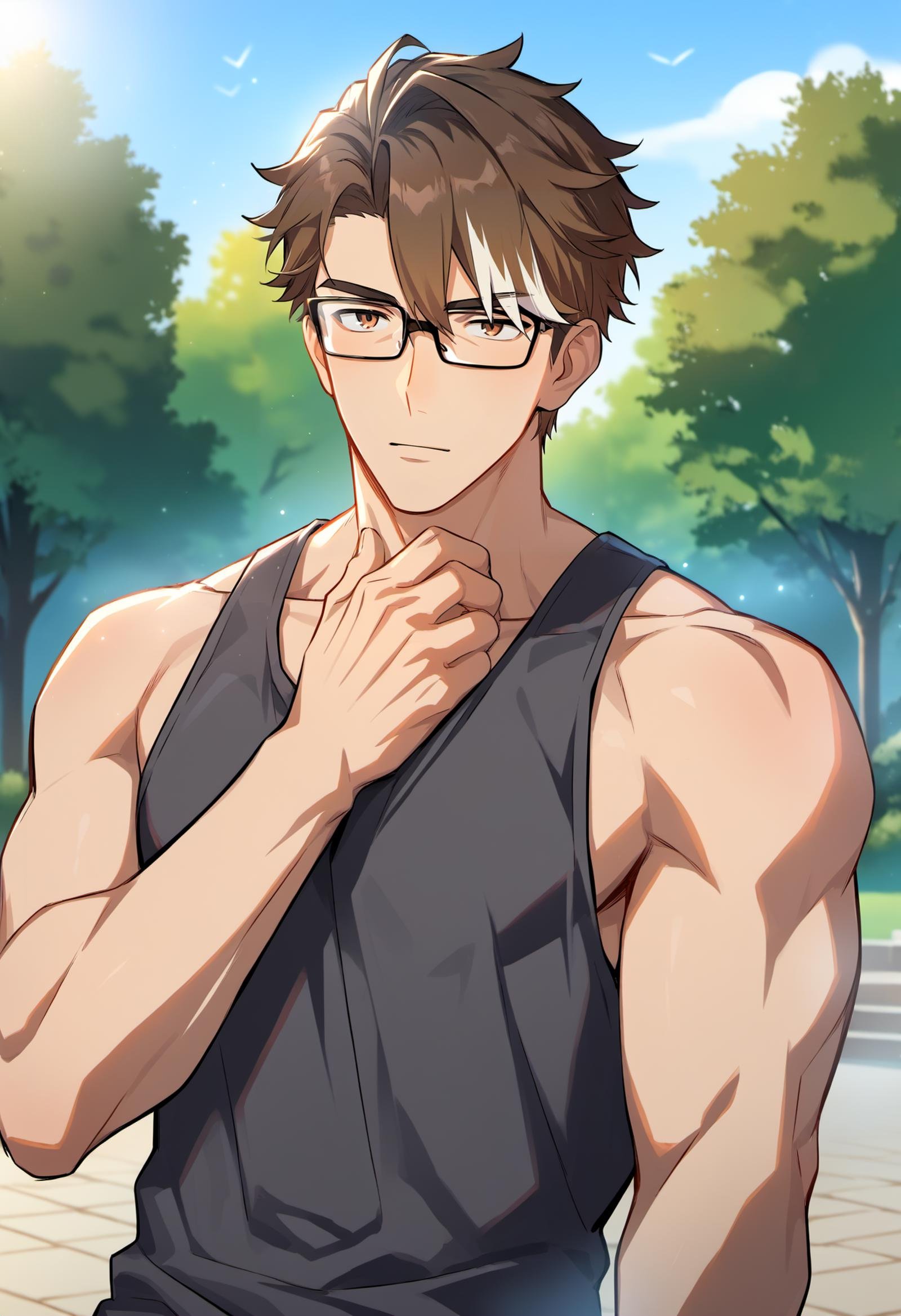 best quality, amazing quality, best aesthetic, absurdres, explicit, source_anime, <lora:welt_yang-10:0.9>, welt_yang, brown hair, bangs, 1boy, brown eyes, multicolored hair, glasses, streaked hair, muscular, tank top, park background, upper body