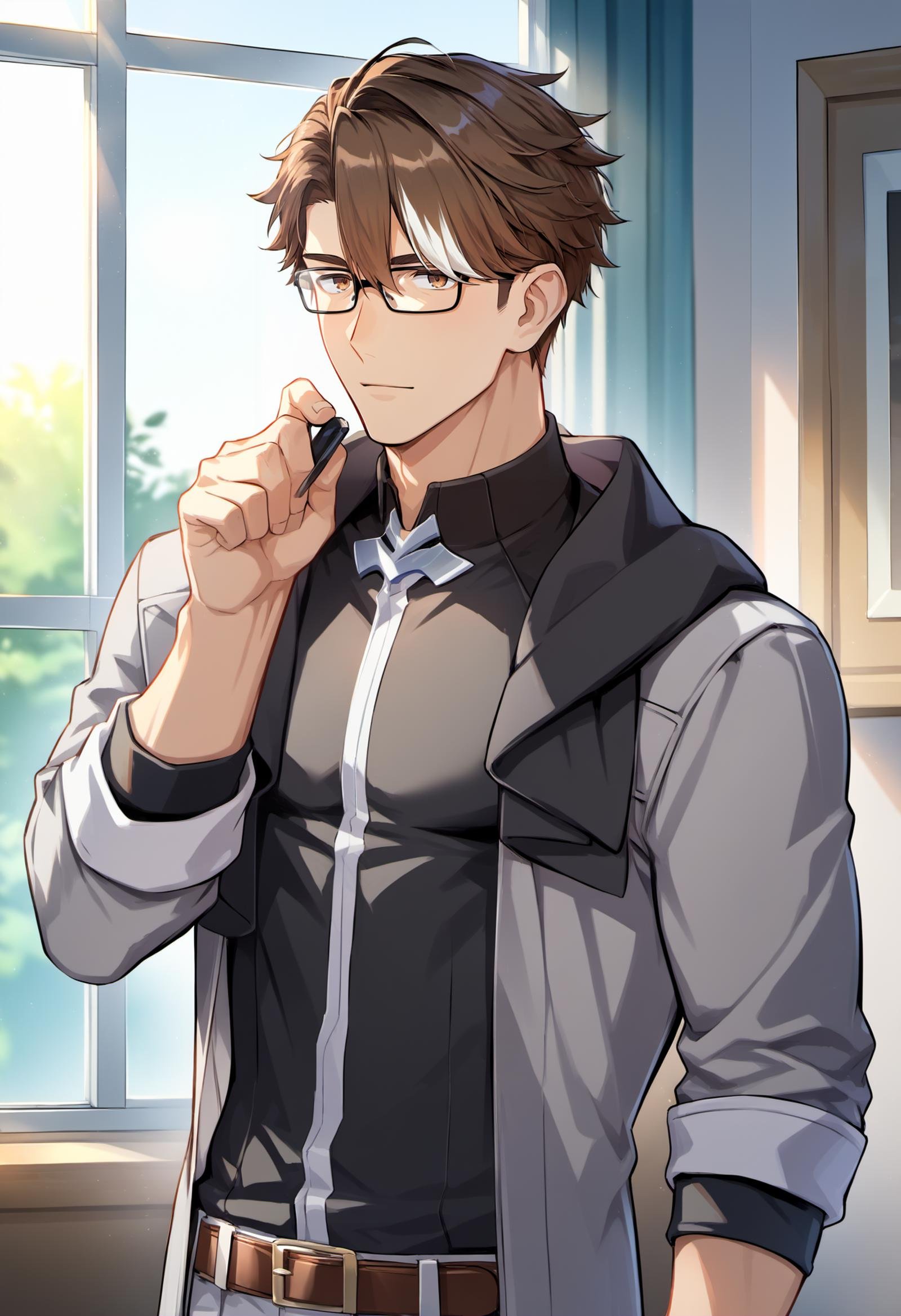 best quality, amazing quality, best aesthetic, absurdres, explicit, source_anime, <lora:welt_yang-10:0.9>, welt_yang, brown hair, bangs, 1boy, brown eyes, multicolored hair, glasses, streaked hair, muscular, outfit, cowboy shot, inside