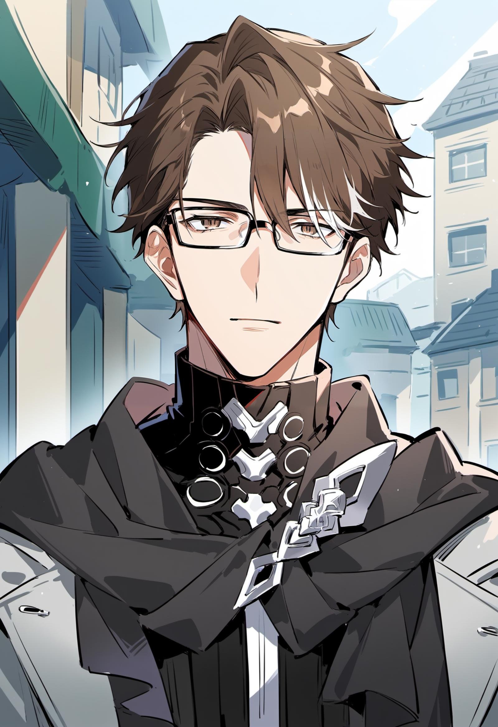 score_9, score_8_up, score_7_up, score_6_up, score_5_up, score_4_up, source_animeBREAK <lora:welt_yang-10:1>, welt_yang, brown hair, bangs, 1boy, brown eyes, multicolored hair, glasses, streaked hair, upper body, outfit, outside