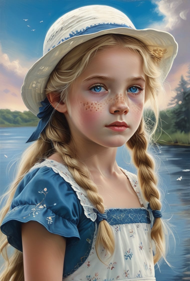 upper body portrait of a 19th century little girl, angelic face, freckles, mole, thick eyebrows, very long blonde hair, blue eyes, criss-cross hairstyle, wearing a white floral dress and a hat canotier, on the coast of a river, sky clouds, trees nature, Canotier, (looking back, lookking at viewer),realistic,score_9