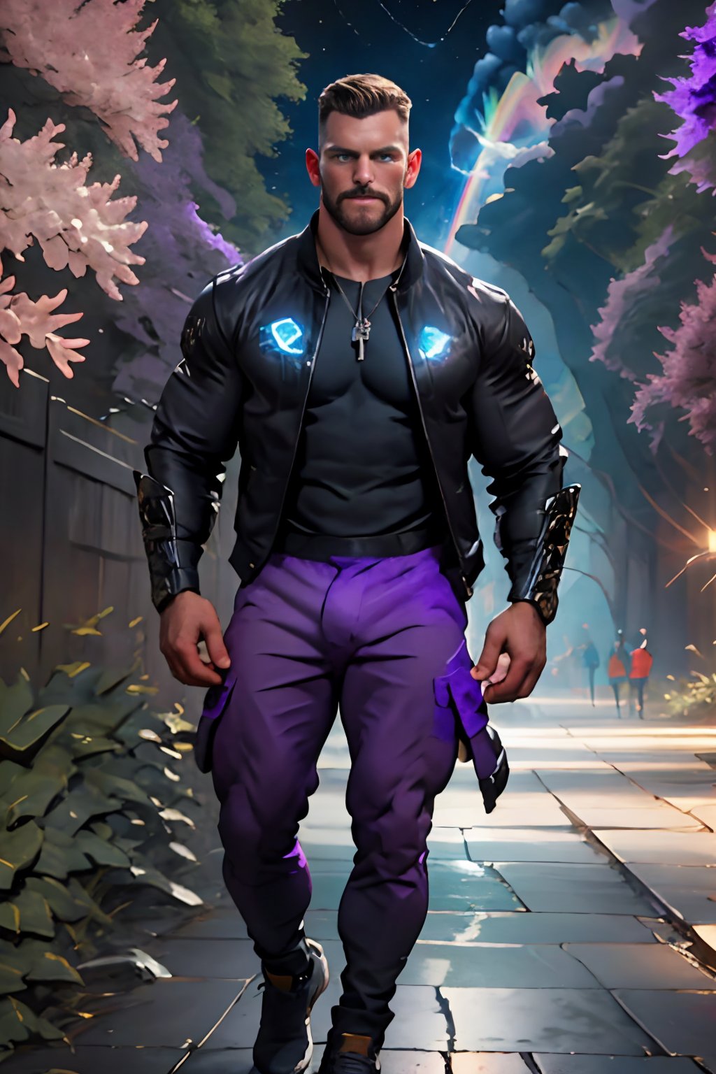 Falko Man stands tall, his intense gaze piercing through the mystique. He wears a dark-purple reflective masculine illusionist jacket that accentuates his broad shoulders and prominent cheekbones. His pale complexion is set off by his striking blue eyes, which seem to bore into the viewer's soul. The arcane symbol on his neck adds an air of mystery.

Before him, the fantasy forest blurs with colorful caleidoscopic colors, creating a circular motion that defies gravity. A shy rainbow bends and merges with the clouds, as night and day blur together in a vibrant, convoluted chiaroscuro. The atmosphere is thick with magic and an otherworldly energy.

In this fantastical realism, Falko Man exudes confidence and power, his masculinity radiating like a beacon. His dark hair is messy and short, framing his chiseled features. As he gazes intensely, the camera captures every detail, from the subtle play of light on his facial hair to the way his eyes seem to see right through the viewer.

Shot: Close-up, 200mm lens, Leica style.