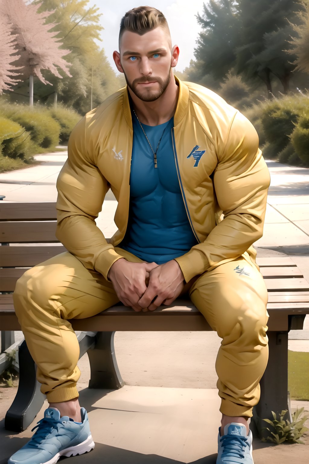 handsome 1boy, mature male, 28yearold, falco, buzz cut, english, sitting on a bench at the park, yellow tracksuit, head and upperbody realistic portrait masterpiece, striking blue eyes, cheekbones, highres image scan, associated press, centrefold, no crop,falko