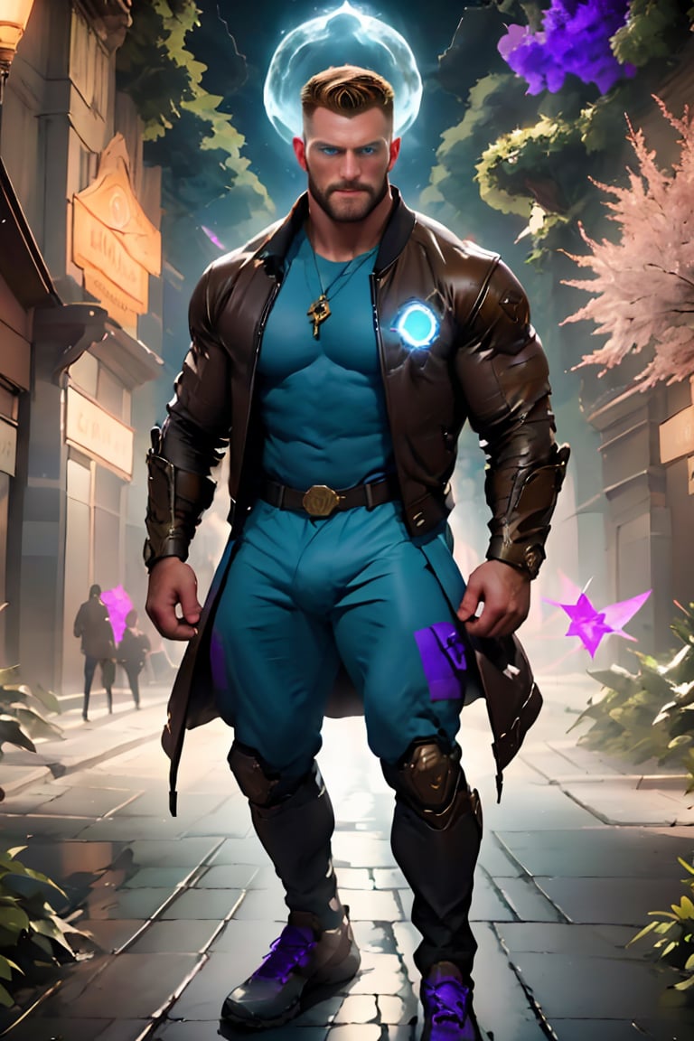 Falko Man, a masculine male actor, stands tall with prominent cheekbones, brown facial hair, and messy short hair. His pale complexion is illuminated by the intense gazing from his striking blue eyes. He wears a dark-purple reflective illusionist jacket that accentuates his broad shoulders, featuring an arcane symbol on his neck. The fantasy forest behind him blurs into a vibrant, caleidoscopic background with night and day merging in a strong sense of magic. His imposing figure is set against a fantastical realism, dark fantasy backdrop, exuding a super cool atmosphere.