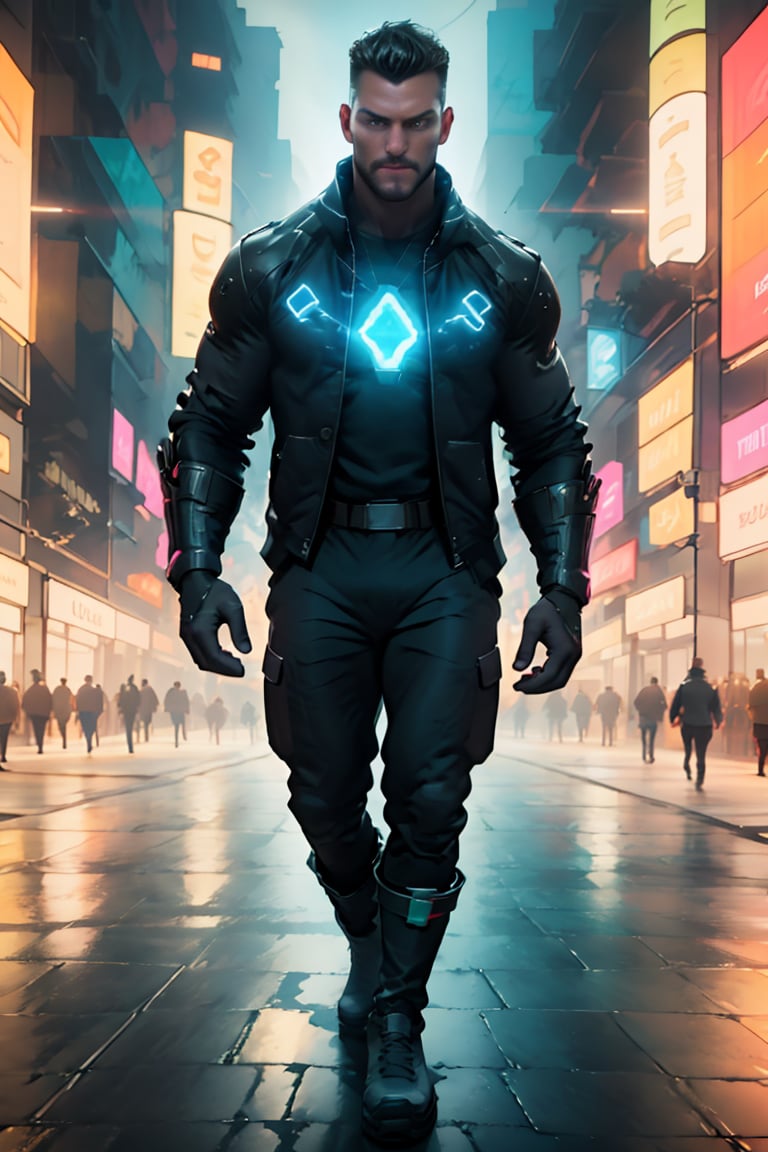 In this stunning cyberpunk scene, Falco's masculine English actor persona takes on the role of a suave spy. He strikes a dramatic pose against the vibrant backdrop of neon-lit cityscapes, billboards, and glowing roads. The soft glow effect from the Leica's 100mm lens captures every detail of his well-rendered cyberpunk attire: the fully-clothed jacket, baggy pants, and large boots. The plastic sidearm at his hip adds a touch of high-tech sophistication. In the distance, buildings and structures blur softly, adding depth to the composition. Special effects courtesy of ActionVFX enhance the futuristic ambiance, immersing the viewer in this science fiction epic.