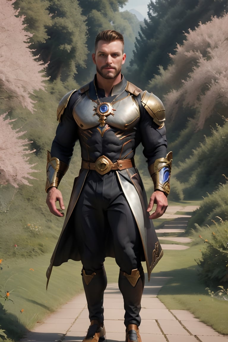 (masterpiece, only realistic, best quality:1.2), image of 1man, 28yearold, English, mature male, short hair, brown facial hair, cheekbones, striking blue eyes, tall, muscular, masculine, wearing masculine well-rendered wizard robes on, portrait, hyper-realistic, fantasy, realistic, photorealistic, vibrant colors, intricate detailed falk0man realistic head hair face, symmetry, 16k, epic, very detailed, depth of field, fantasy forest kingdom background, rainbow, falko,falko
