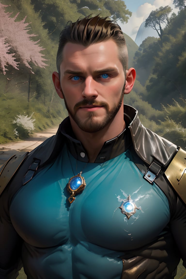 (masterpiece, only realistic, best quality:1.2), image of 1man, 28yearold, English, mature male, short hair, brown facial hair, cheekbones, striking blue eyes, tall, muscular, masculine, wearing masculine well-rendered wizard robes on, portrait, hyper-realistic, fantasy, realistic, photorealistic, vibrant colors, intricate detailed falk0man realistic head hair face, symmetry, 16k, epic, very detailed, depth of field, fantasy forest kingdom background, rainbow, falko,falko