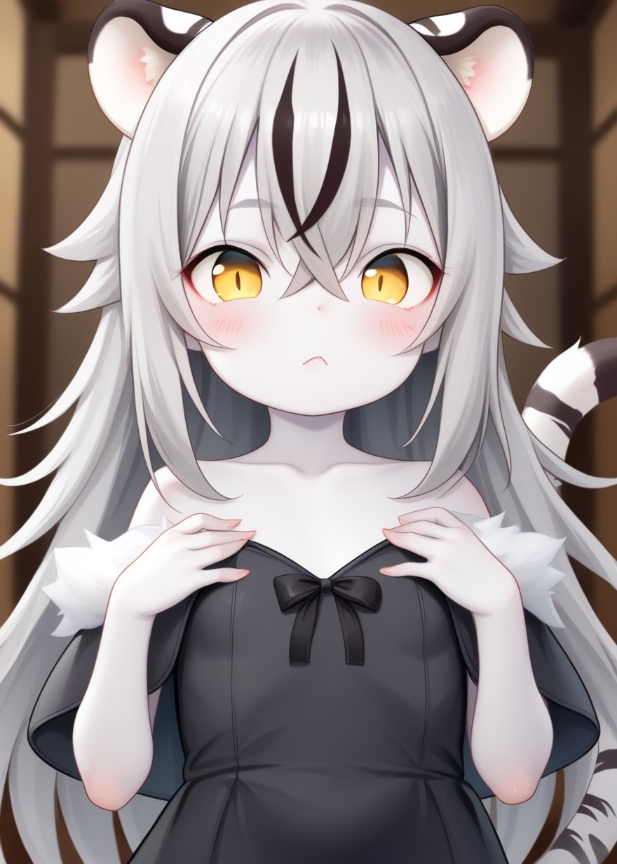 1girl, loli,(((white skin))),animal ears, demon queen dress,gray hair, blush, collarbone, upper body, cowboy shot, fur capelet, hair between eyes, long hair, looking at viewer, multicolored hair,sidelocks, solo, tiger ears, tiger girl, tiger tail, yellow eyes, score_9,lolii