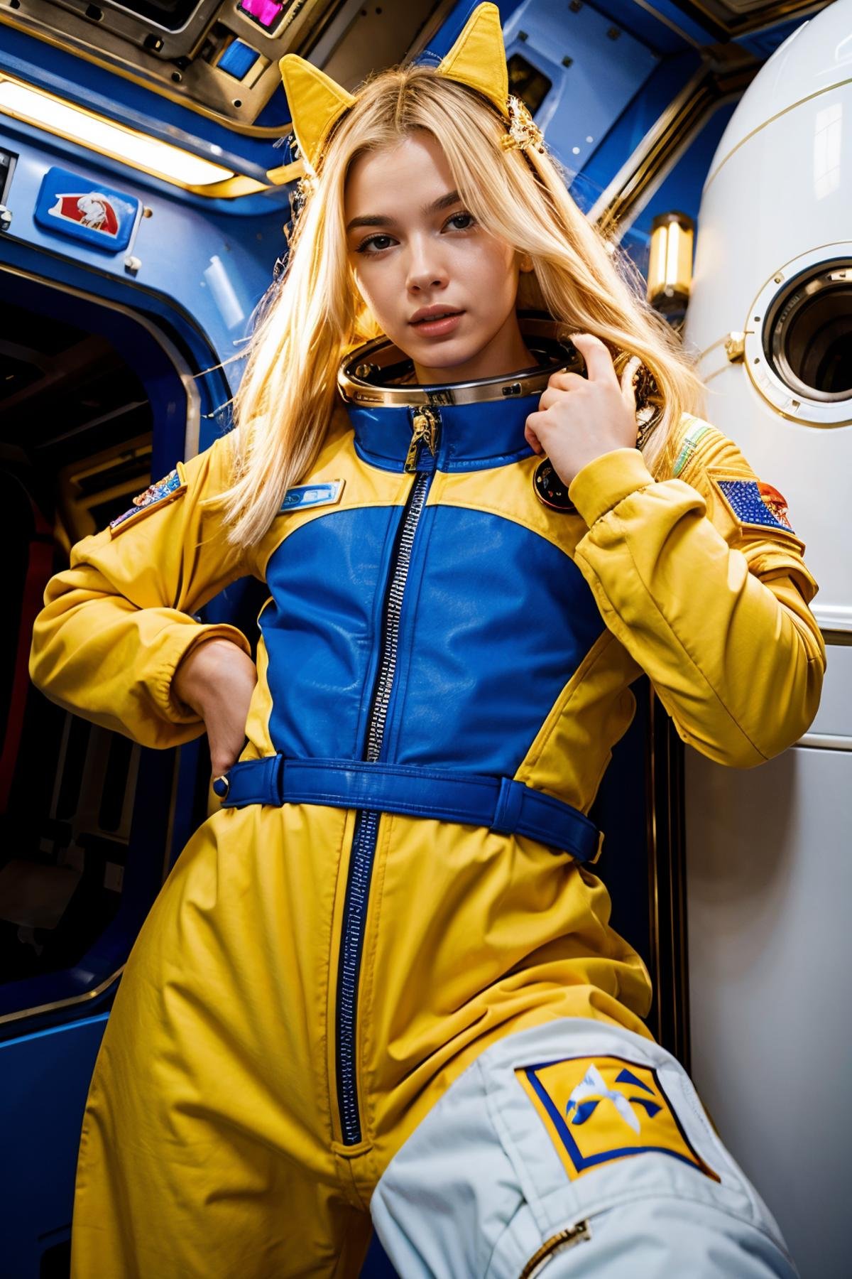 aleynatilki, a woman wearing space suit in space station<lora:aleynatilki:0.8>