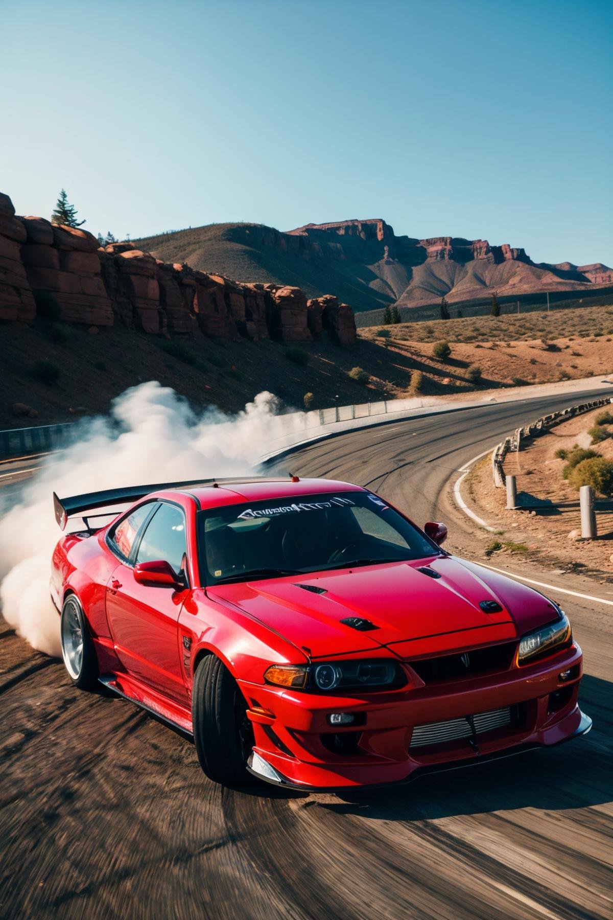 cardrifting, a red car drifting, burn, smoke, rim lighting , deep canyon <lora:cardrifting2:1>