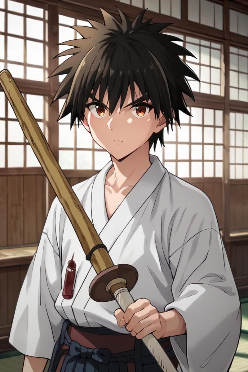 score_9,score_8_up,score_7_up,source_anime,1boy, solo,looking at viewer, indoors, day, Myojin Yahiko, black hair, brown eyes, spiked hair, japanese_clothes, japanese, dougi,armor, holding weapon, shinai, weapon, white kimono, upper body<lora:EMS-397784-EMS:0.800000>