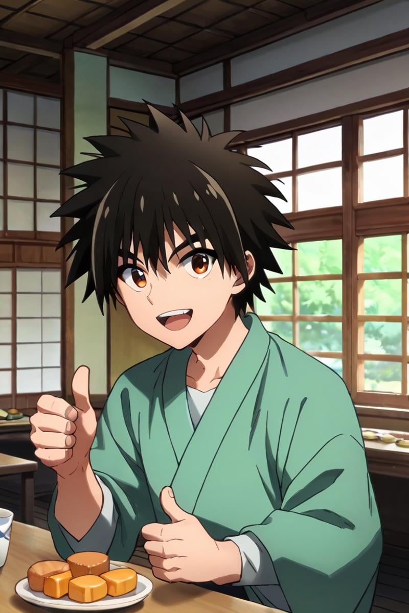 score_9,score_8_up,score_7_up,source_anime,1boy, solo,looking at viewer, indoors, day, Myojin Yahiko, black hair, brown eyes, spiked hair, japanese_clothes, japanese, knnel down, table, food, japanese food, smile, open mouth, on hand thumbs_up<lora:EMS-397784-EMS:0.800000>