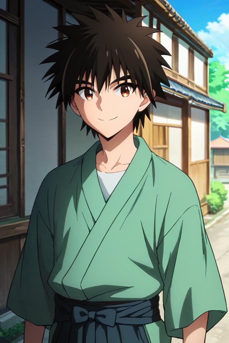 score_9,score_8_up,score_7_up,source_anime,1boy, solo,looking at viewer, outdoors, day, Myojin Yahiko, black hair, brown eyes, spiked hair, japanese_clothes, japanese, street, shinai on back,shinai, standing, upper body, smile, weapon<lora:EMS-397784-EMS:0.800000>