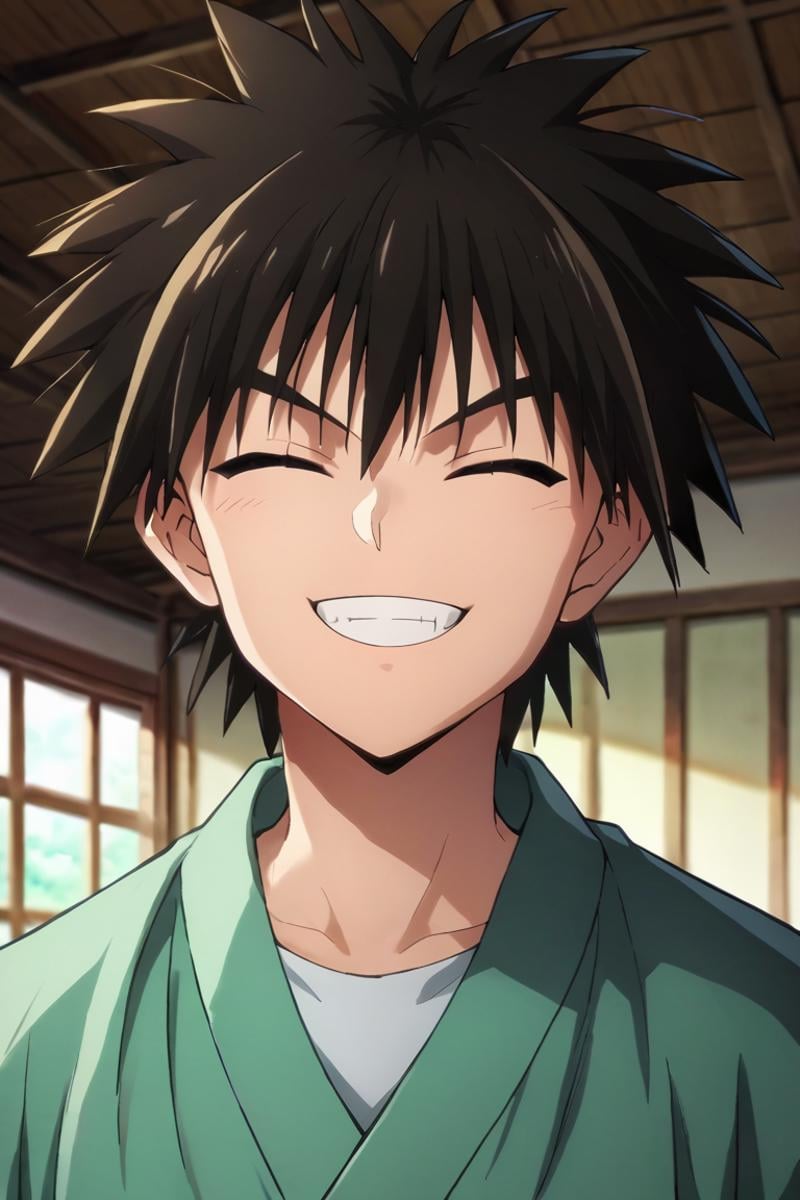score_9,score_8_up,score_7_up,source_anime,1boy, solo,looking at viewer, indoors, day, Myojin Yahiko, black hair, brown eyes, spiked hair, japanese, closed_eyes, grin, upper body, close-up<lora:EMS-397784-EMS:0.800000>