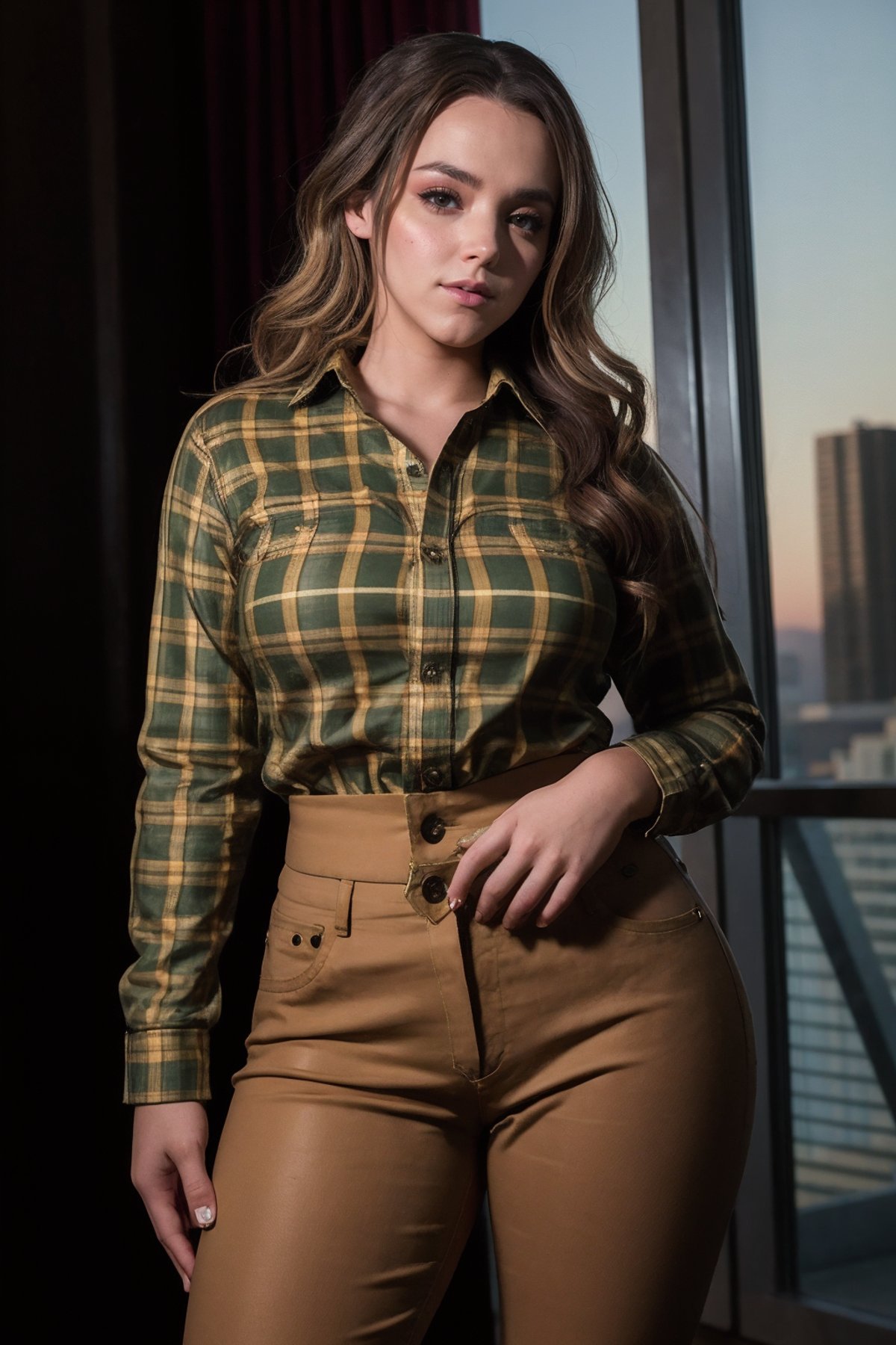 natashanice,a woman wearing Plaid shirt and khaki pants, highway, (low key lighting:0.3) <lora:natashanice:0.8>