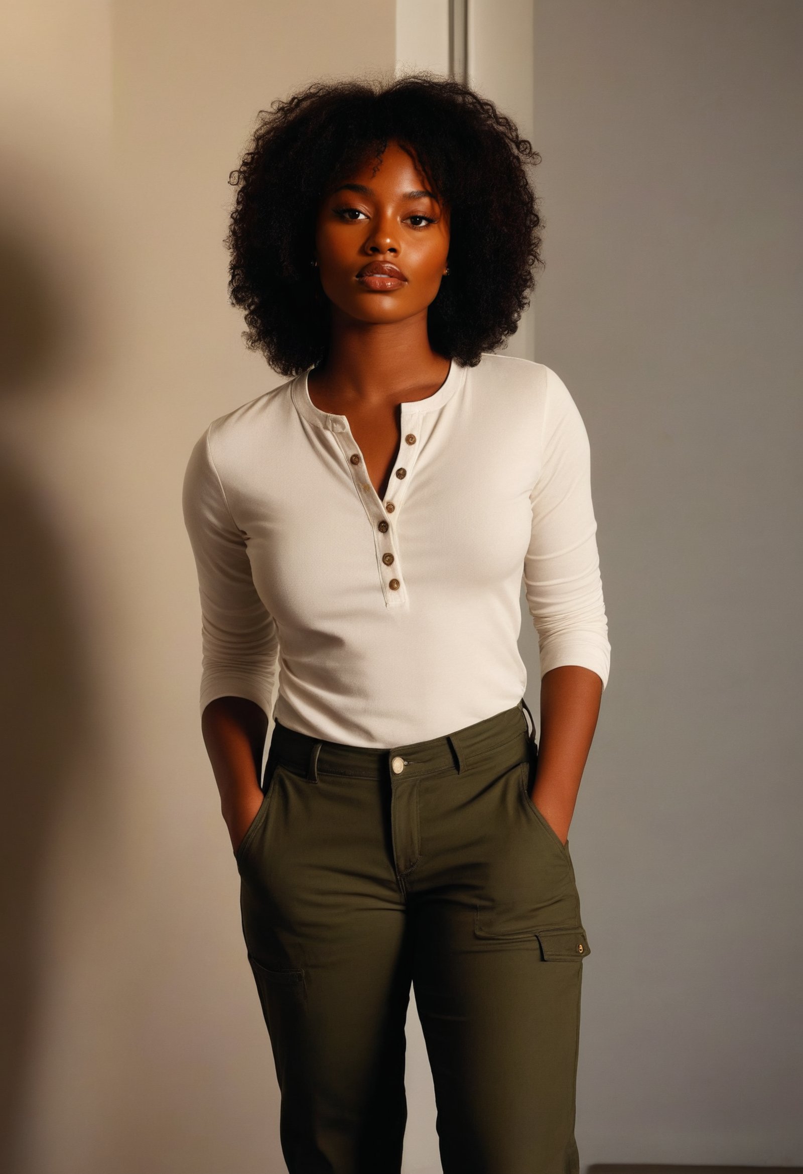 <lora:melanin-XL:1> melanin, a woman, ,a woman wearing Henley shirt and utility pants, castle, (low key lighting:0.5)