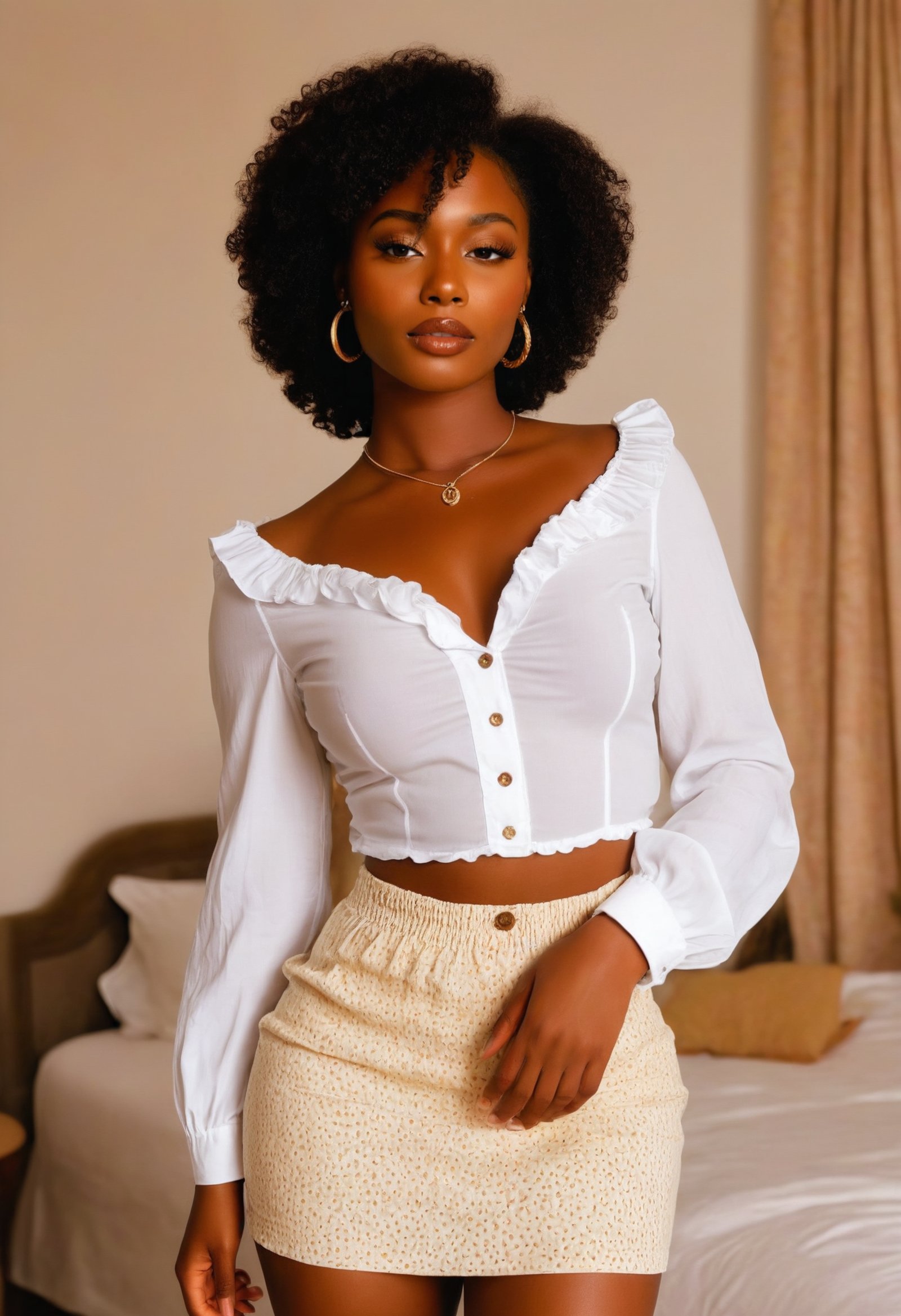 <lora:melanin-XL:1> melanin, a woman, ,a woman wearing Cotton blouse and skirt, bedroom, (golden hour:0.5)