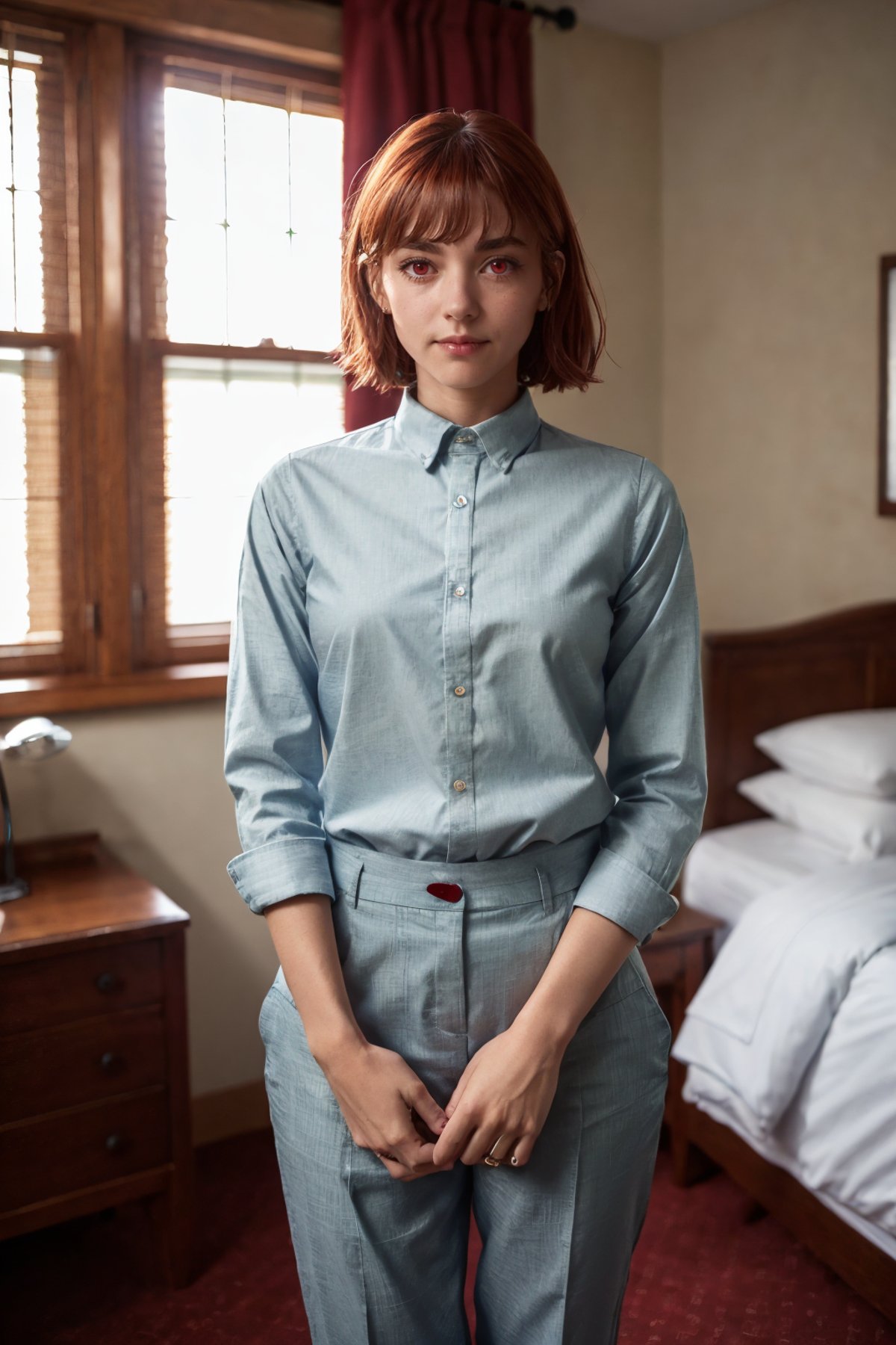 redeyes,a woman wearing Chambray shirt and casual trousers, quaint B&B room,  <lora:redeyes:1>