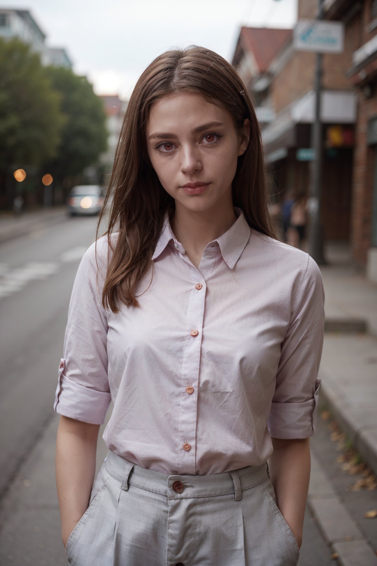 redeyes, a Scandinavian woman wearing Button-up shirt and chinos, toundra  <lora:redeyes:0.9>