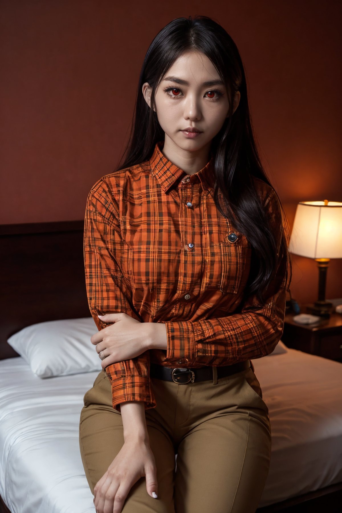 redeyes, a japanese woman face,  wearing orange Plaid shirt and khaki pants, boutique bed and breakfast room  <lora:redeyes:0.9>