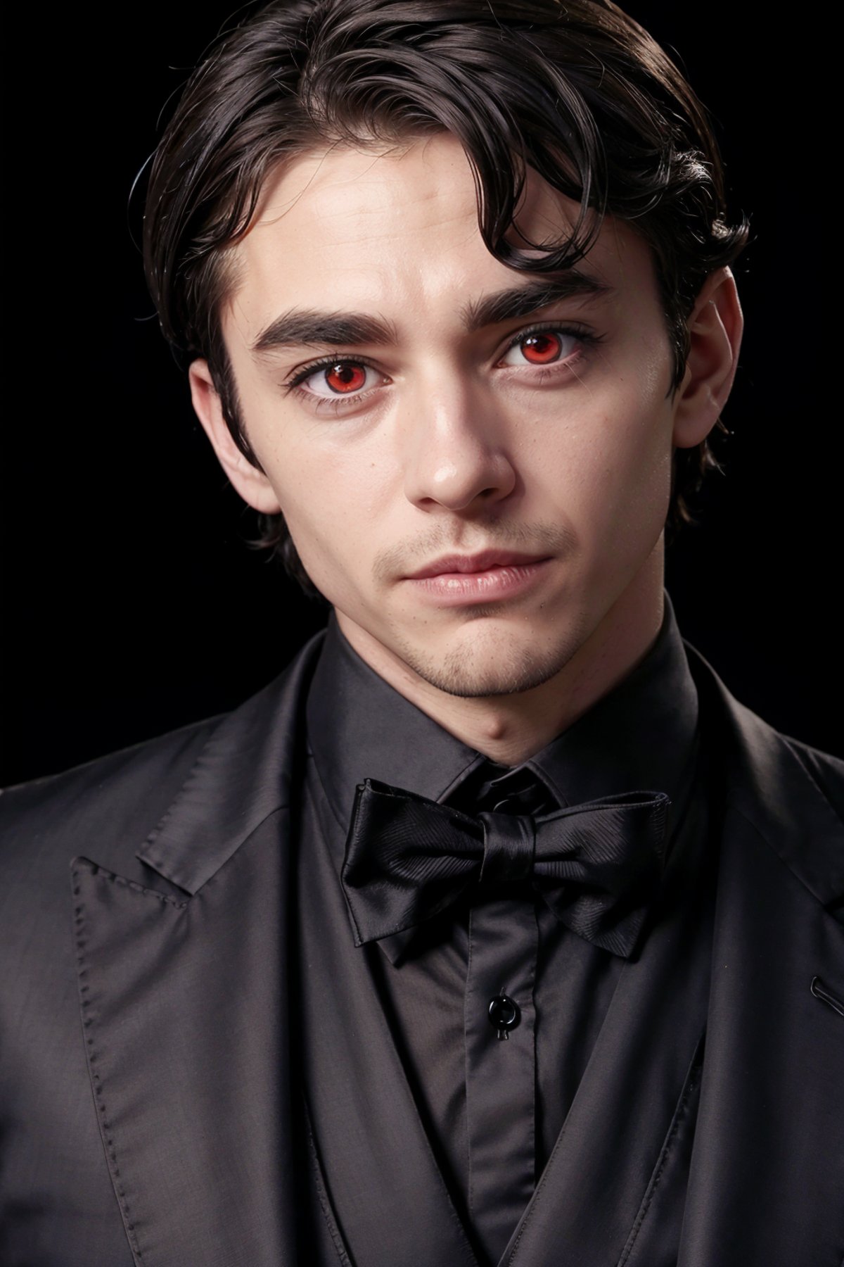 redeyes, a man face, wearing a black tuxedo  <lora:redeyes:0.8>