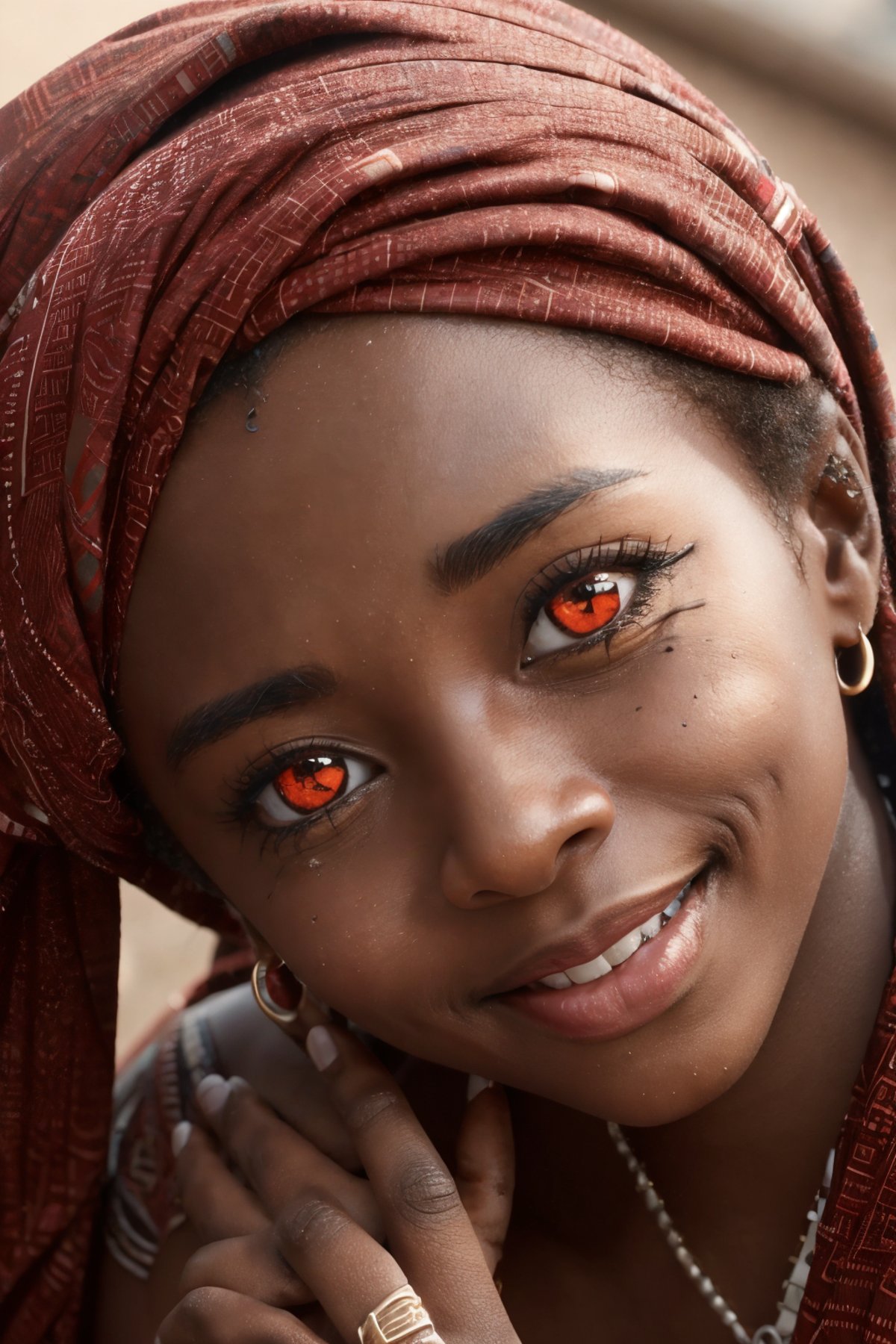 redeyes, a african woman smiling  <lora:redeyes:0.9>