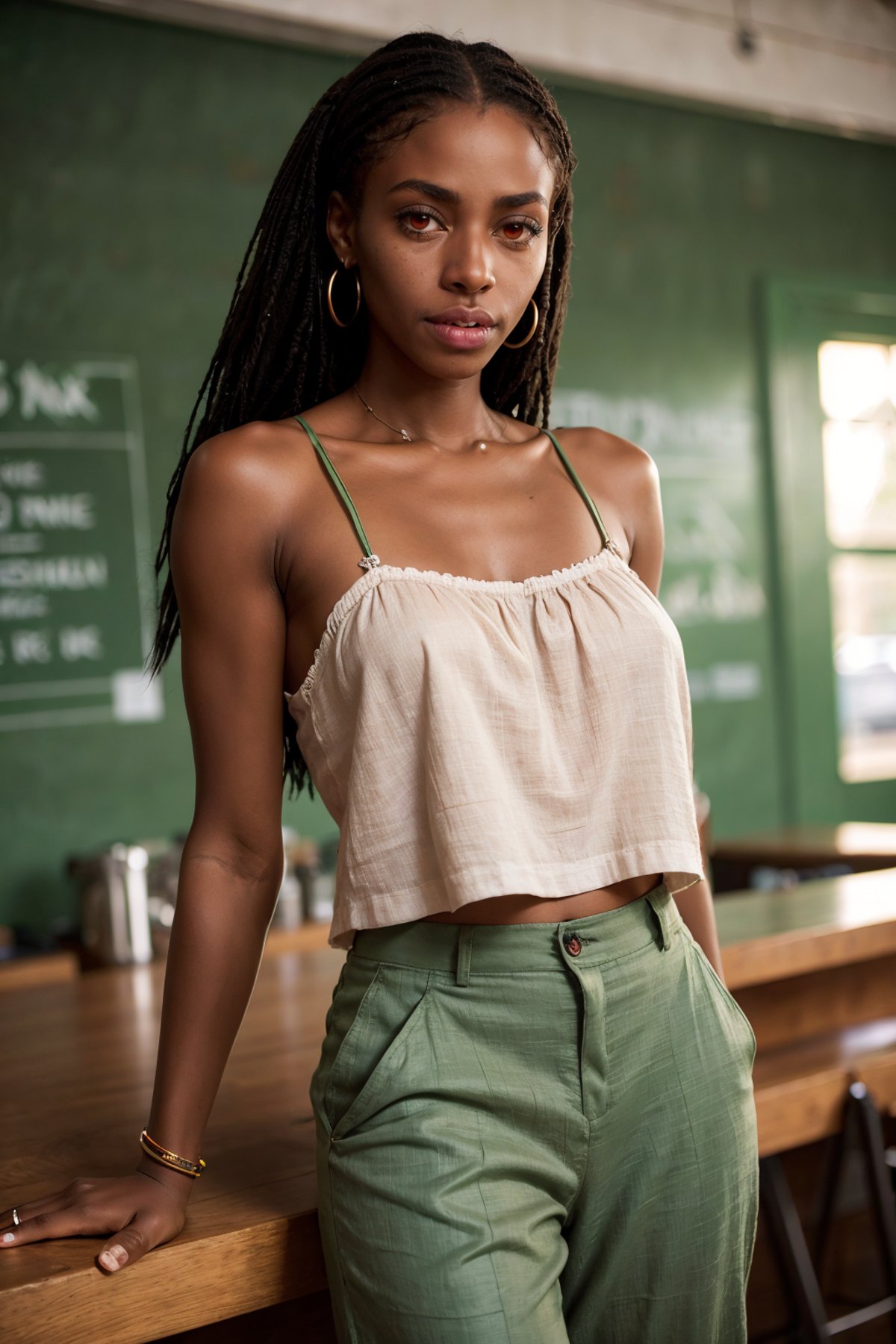 redeyes, a senegalese woman face,  wearing green Simple camisole and linen pants, coffee shop  <lora:redeyes:0.9>