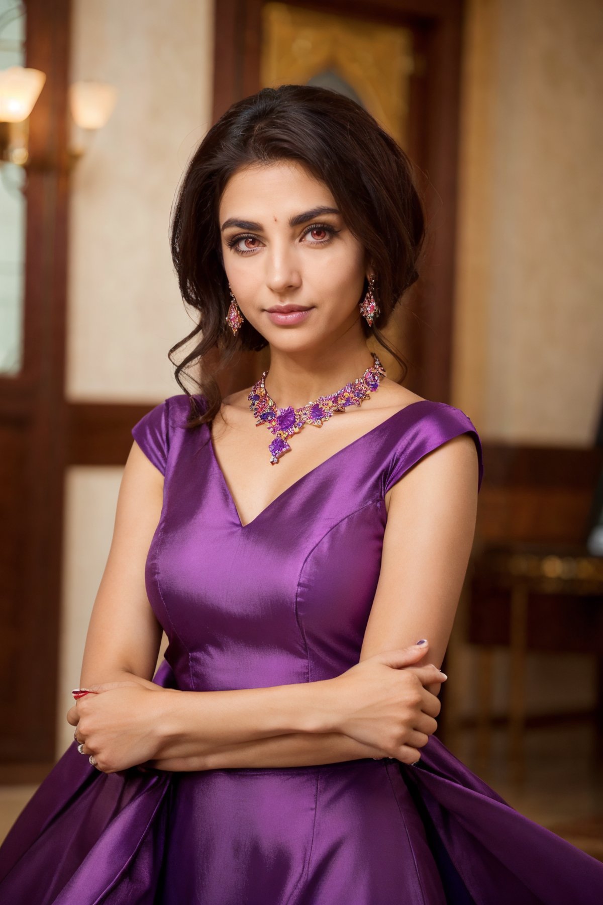 redeyes, a Middle Eastern woman face,  wearing violet dress, boutique hotel lobby  <lora:redeyes:0.9>