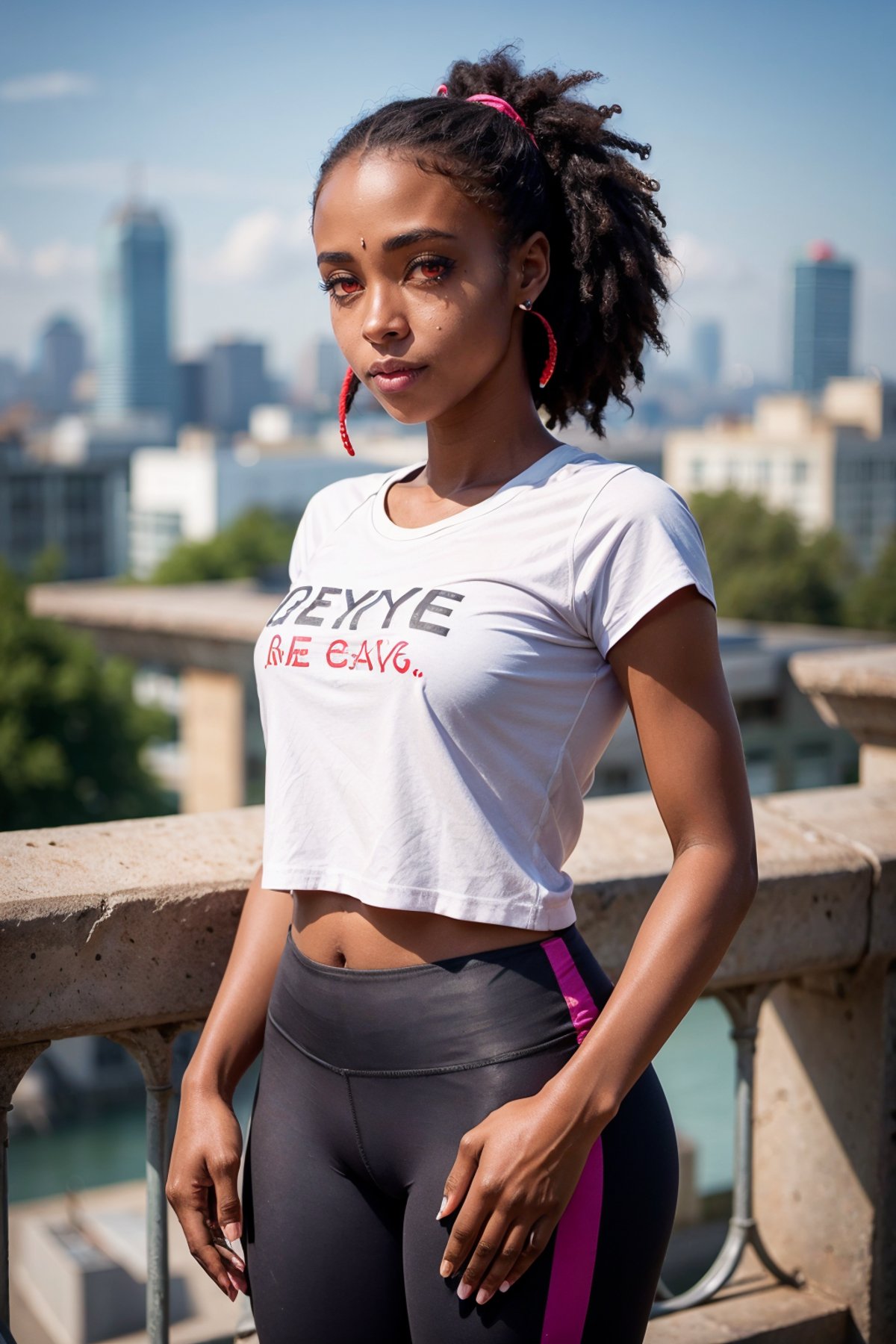 redeyes,a senegalese woman wearing tshirt and yoga pants, city skyline,  <lora:redeyes:1>