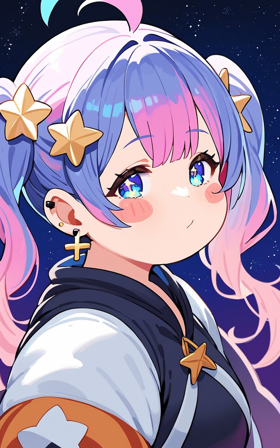 score_9,score_8_up,score_7_up, 1girl,looking at viewer,bangs,blue eyes,hair ornament,twintails,jewelry,closed mouth,blue hair,jacket,upper body,pink hair,purple hair,ahoge,multicolored hair,earrings,star (symbol),gradient,gradient background,blush stickers,piercing,cross,ear piercing,star (sky),starry sky,star hair ornament