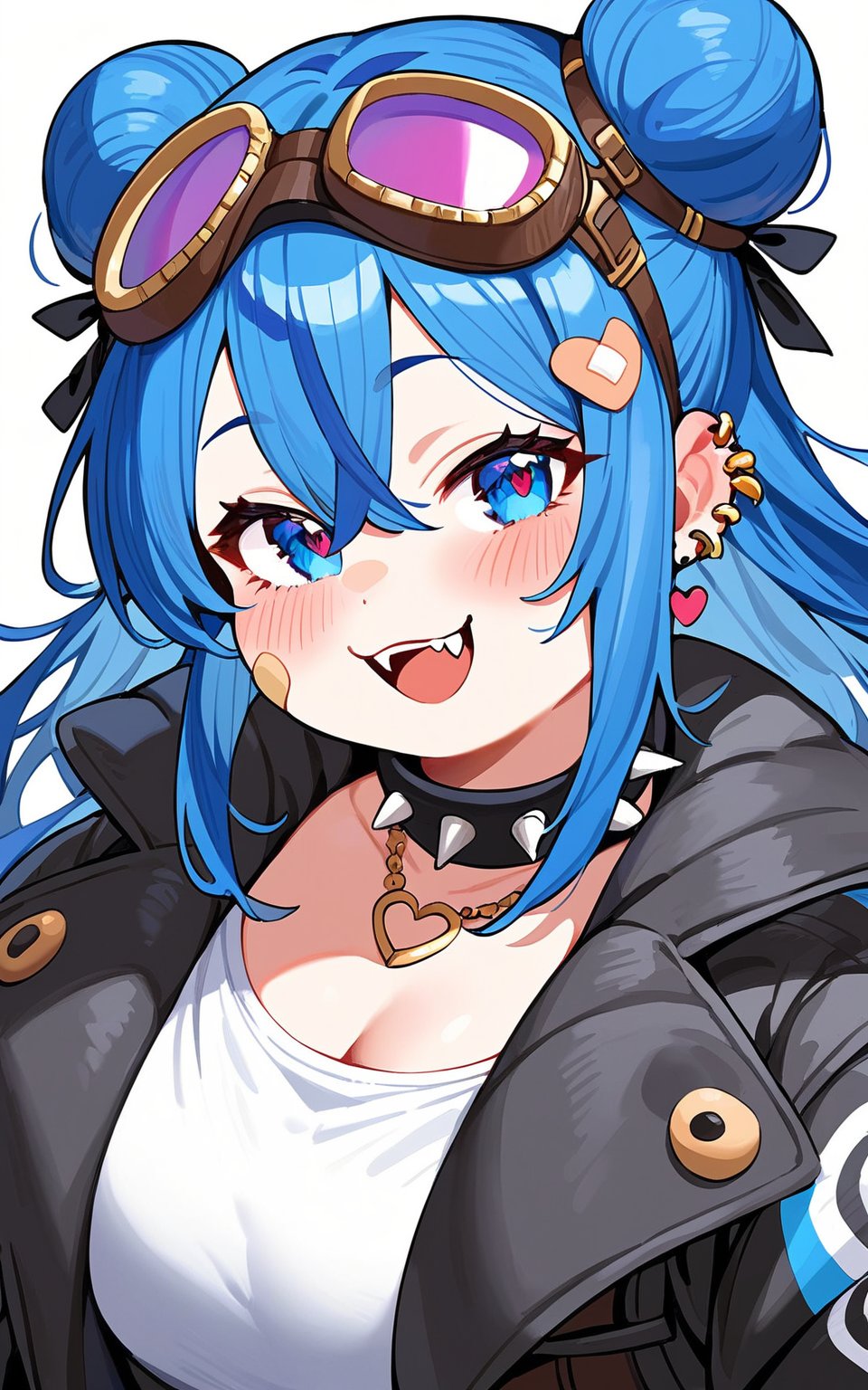 score_9,score_8_up,score_7_up, 1girl,long hair,looking at viewer,blush,smile,open mouth,bangs,blue eyes,shirt,hair ornament,hair between eyes,jewelry,blue hair,collarbone,jacket,white shirt,upper body,heart,earrings,open clothes,teeth,choker,necklace,hair bun,collar,open jacket,black jacket,double bun,fangs,piercing,goggles,ear piercing,bandaid,spikes,goggles on head,heart hair ornament,bandaid on face,spiked collar