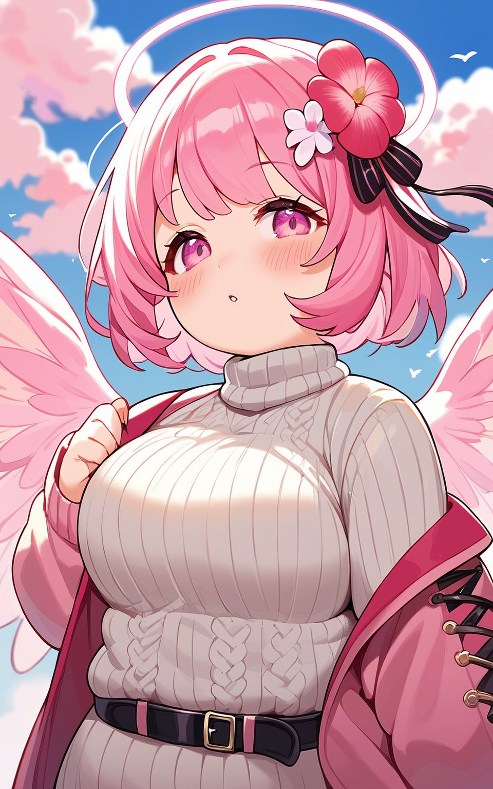 score_9,score_8_up,score_7_up, 1girl,looking at viewer,blush,short hair,bangs,hair ornament,long sleeves,jacket,upper body,pink hair,flower,parted lips,wings,sky,belt,cloud,hair flower,pink eyes,sweater,bird,halo,pink flower,white sweater,pink theme,pastel colors