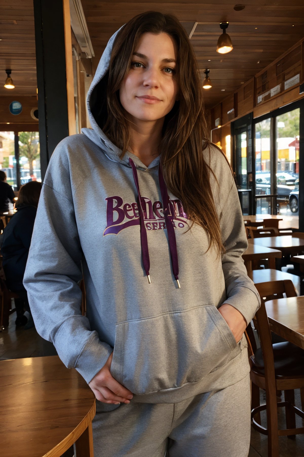 xevbellringer <lora:xevbellringer:0.8>, ,a woman wearing hoodie and sweatpants, coffee shop, (shadow play:0.5)