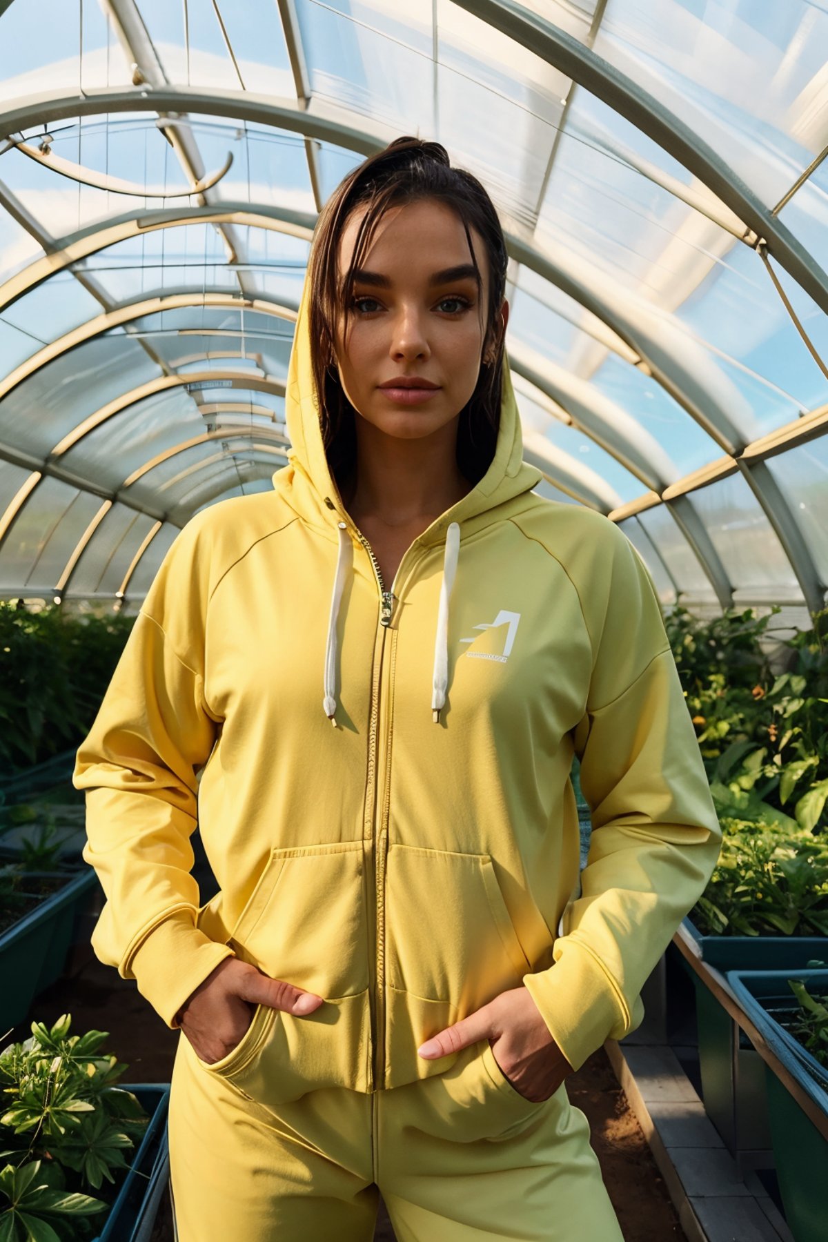 <lora:caseboon:0.9>caseboon, a woman wearing Zip-up hoodie and tracksuit bottoms, greenhouse, (shadow play:0.5)