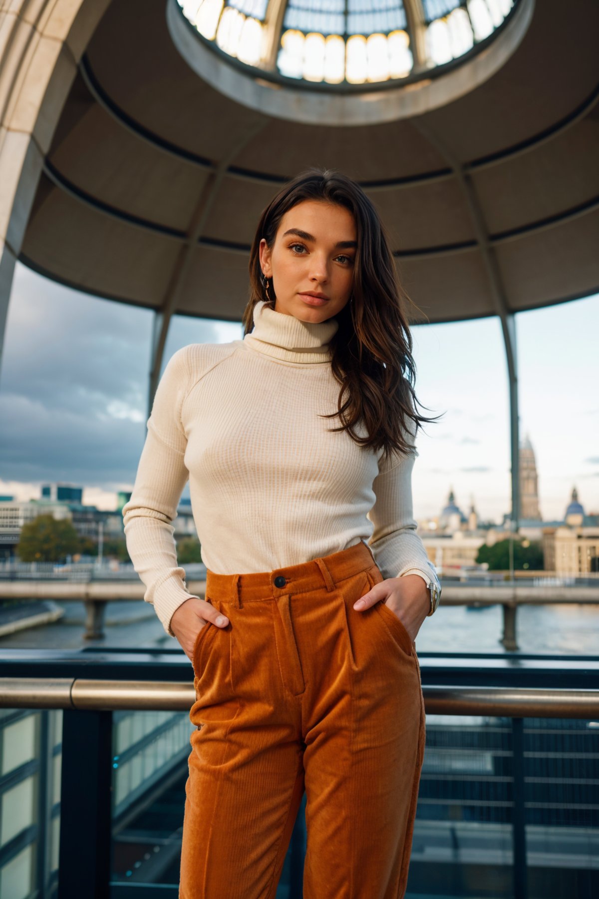 <lora:caseboon:0.9>caseboon, a woman wearing Cotton turtleneck and corduroy pants, london, St. Paul's Cathedral's magnificent dome, amidst the modern architecture of the City, (soft diffused lighting:0.5)