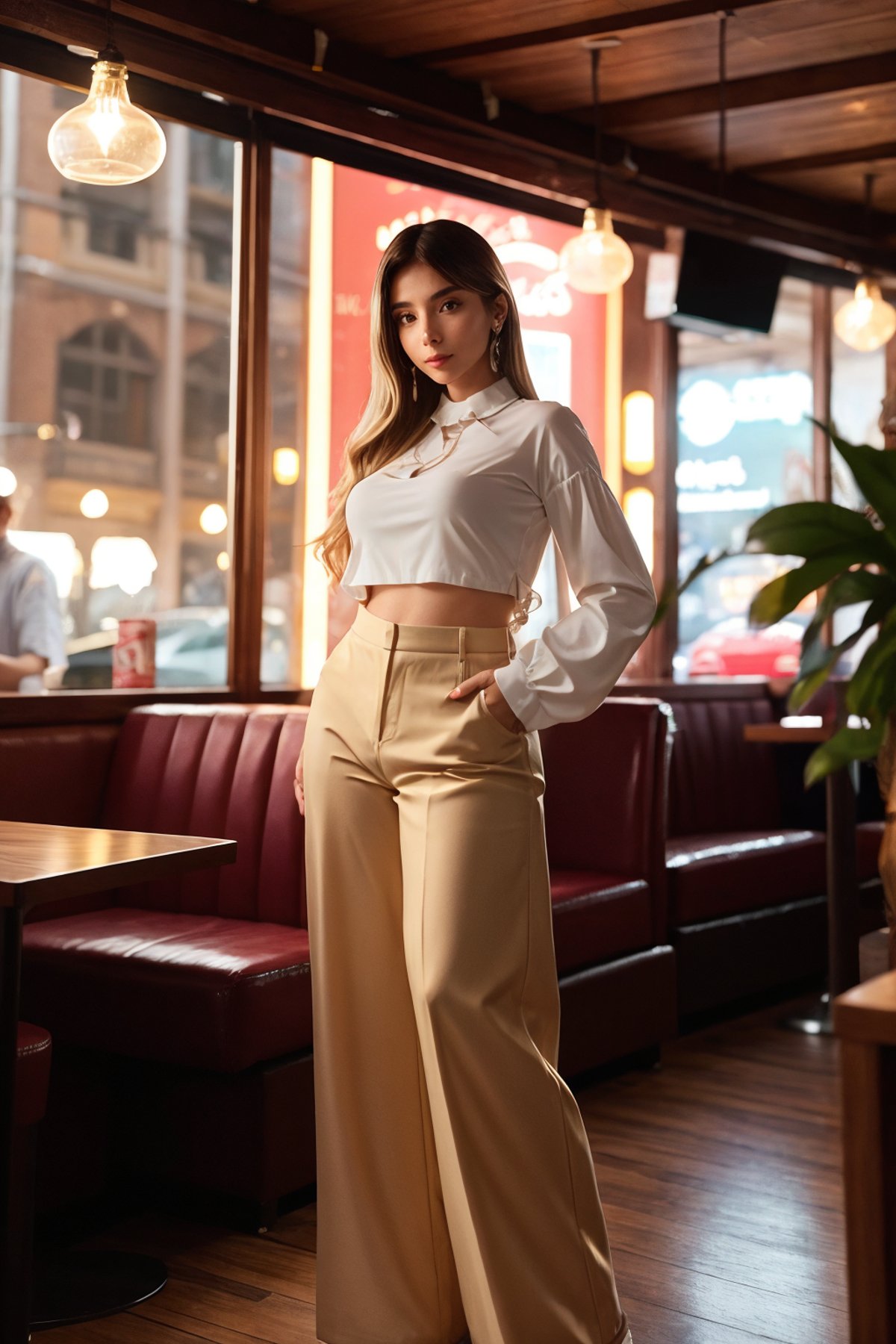 xoobruna <lora:xoobruna:1>, ,a woman wearing Basic blouse and wide-leg pants, cozy café corner, (soft lighting:0.5)