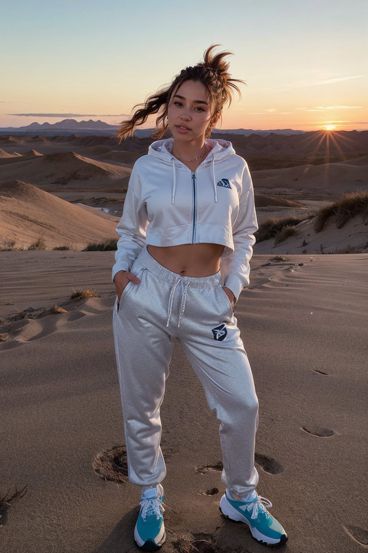 anacheri, a woman wearing Zip-up hoodie and tracksuit bottoms, windswept dunes, (soft diffused lighting:0.5)  <lora:anacheri:1>