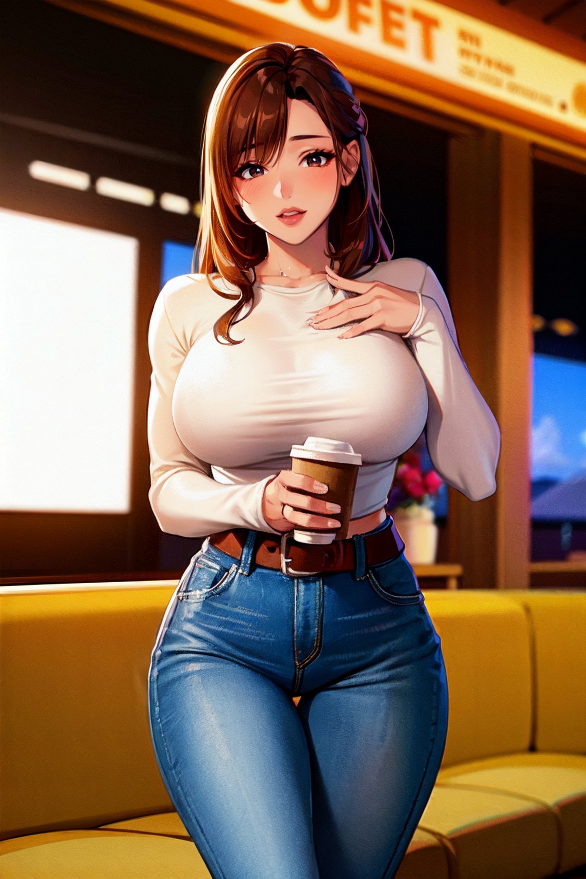 anacheri, a woman wearing Long-sleeve shirt and jeans, coffee shop, (flash photography:0.5)  <lora:anacheri:1>