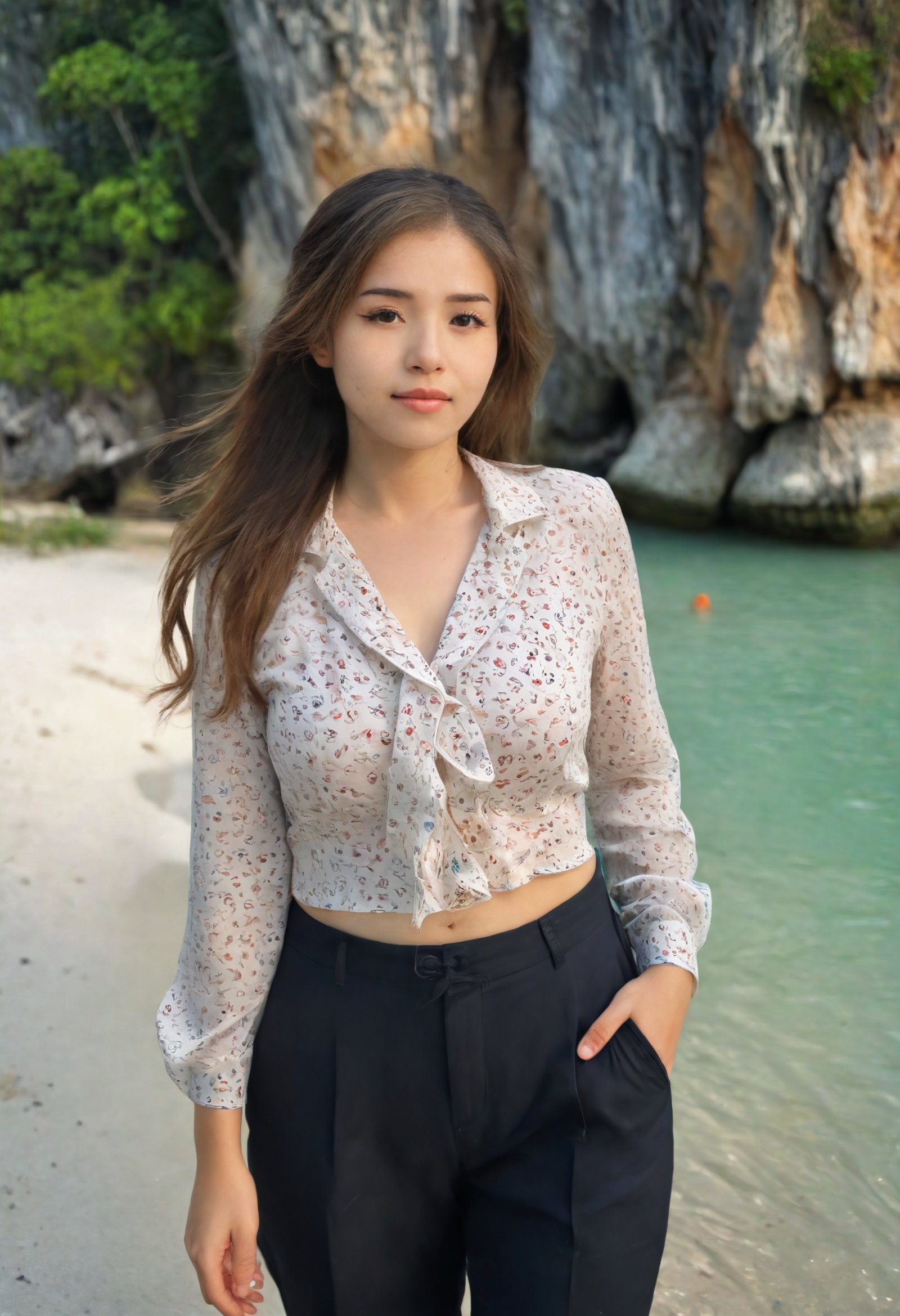 pokimanelol a woman face blouse and slacks, railay beach <lora:pokimanelol-XL:1>