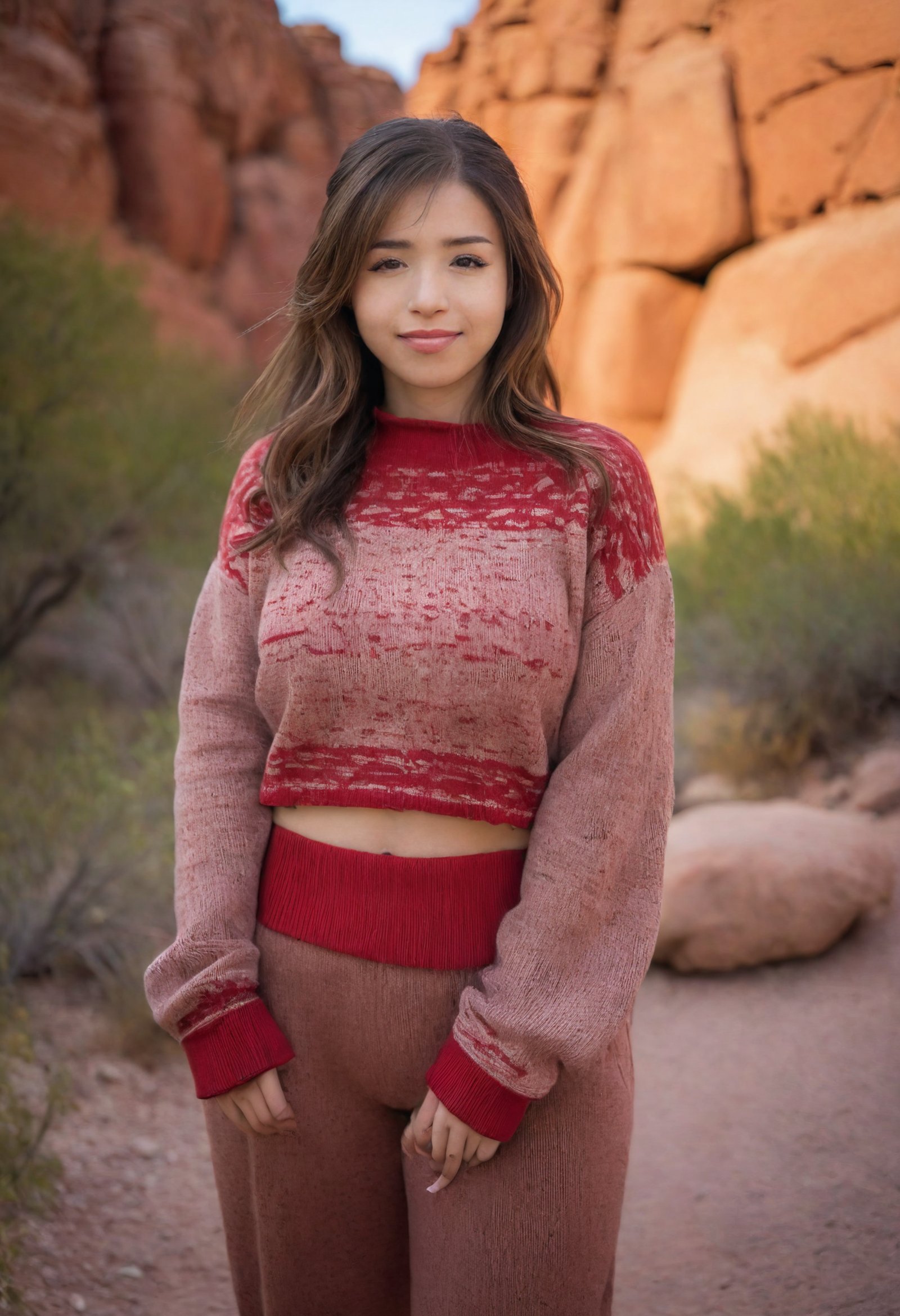 pokimanelol a woman portrait Cozy sweater and ankle-length pants, red rock canyon <lora:pokimanelol-XL:1>