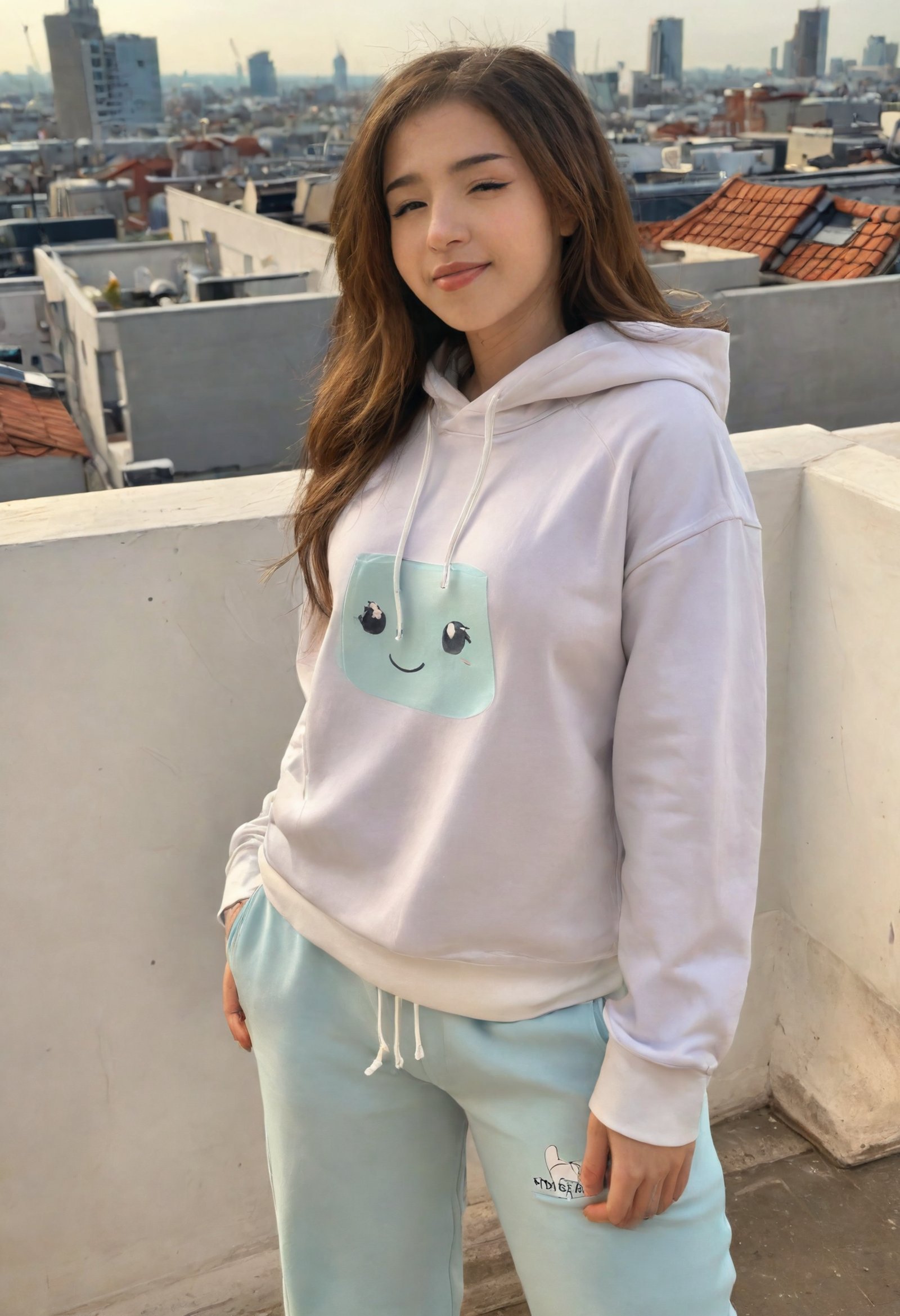 pokimanelol face hoodie and sweatpants, rooftop <lora:pokimanelol-XL:1>