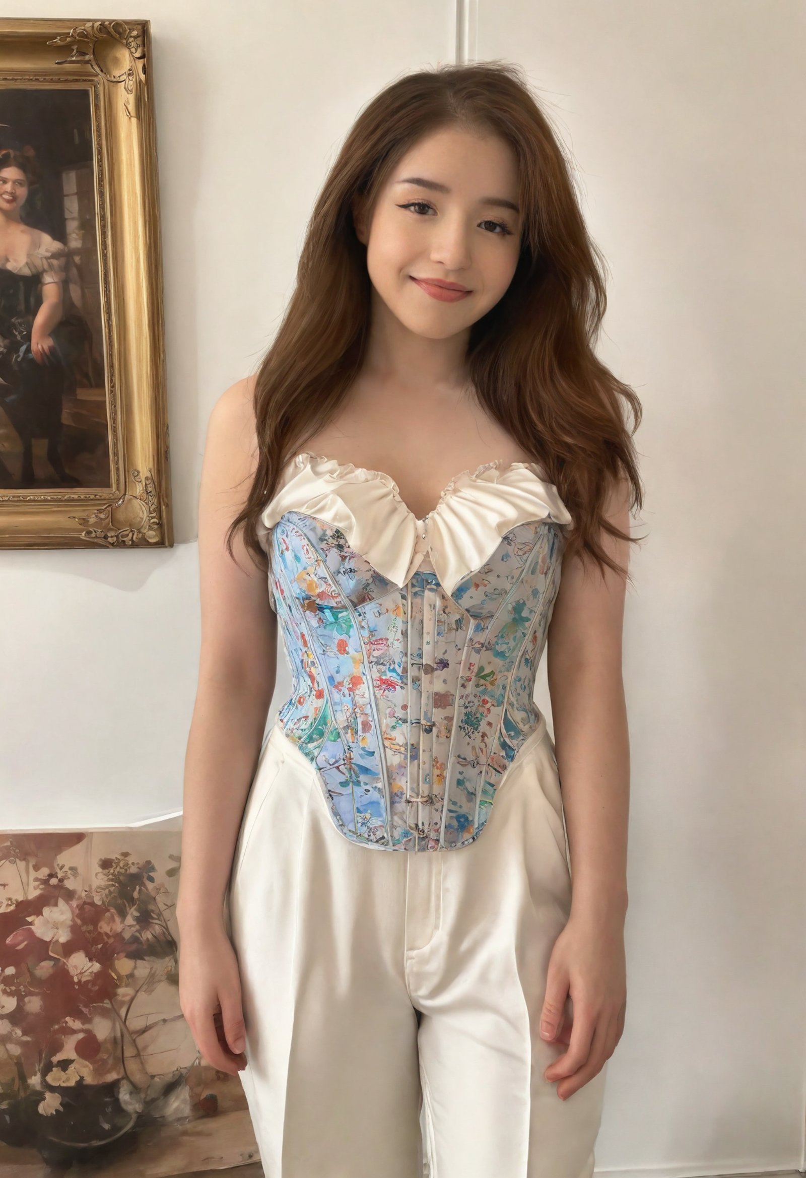 pokimanelol smiling corset top and high-rise pants, art gallery <lora:pokimanelol-XL:1>